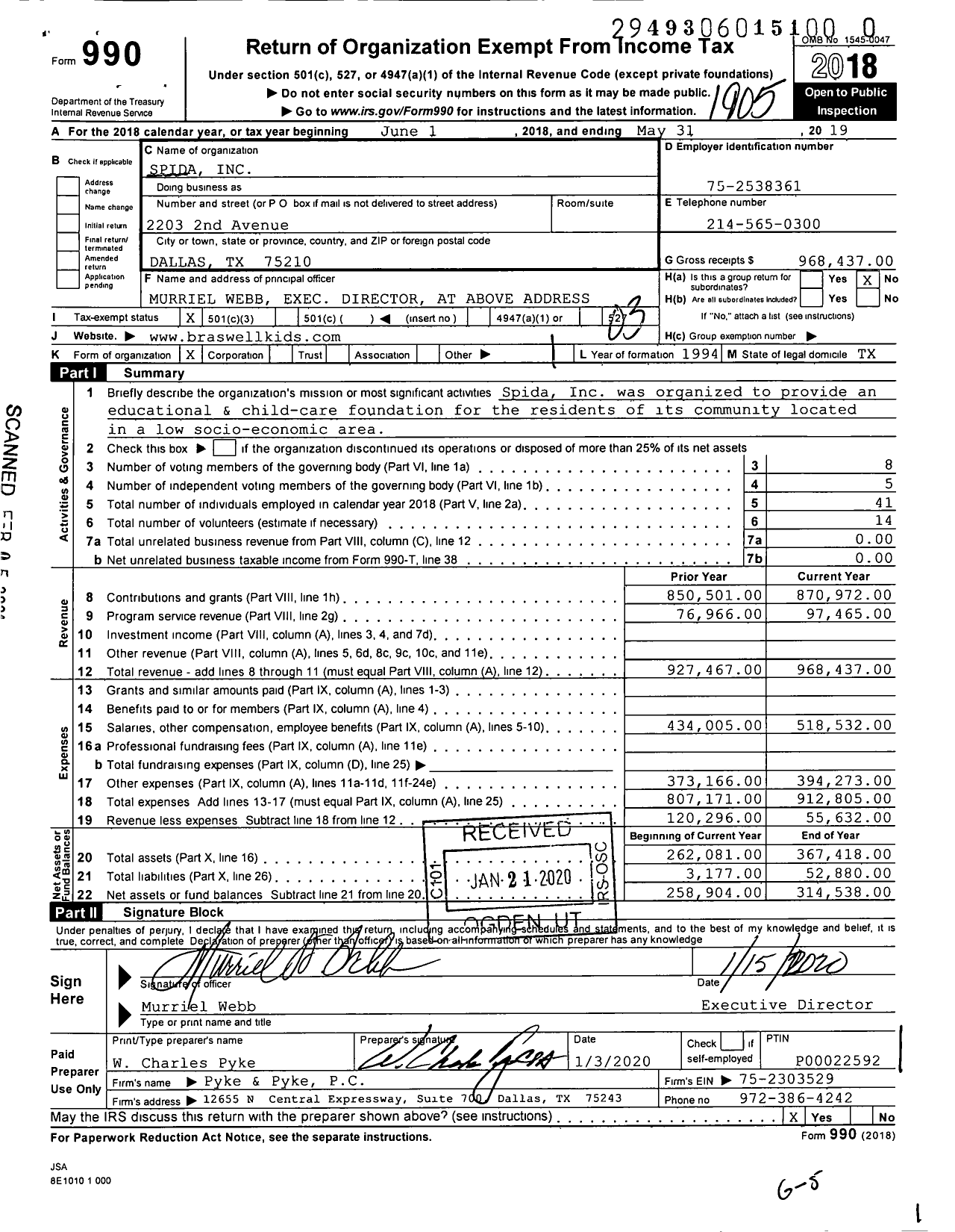 Image of first page of 2018 Form 990 for Spida Inc Braswell Child Development Center