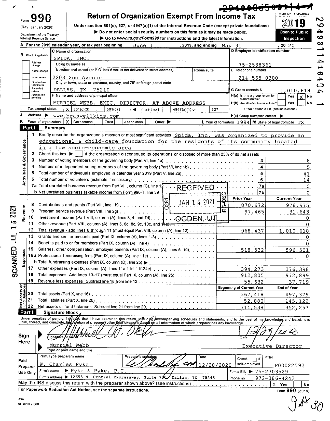 Image of first page of 2019 Form 990 for Spida Inc Braswell Child Development Center