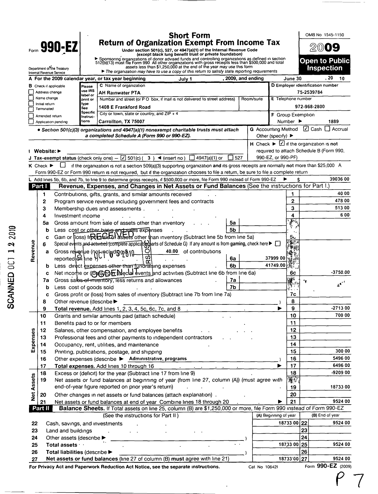 Image of first page of 2009 Form 990EZ for Texas PTA - 1449 A H Rainwater Elementary