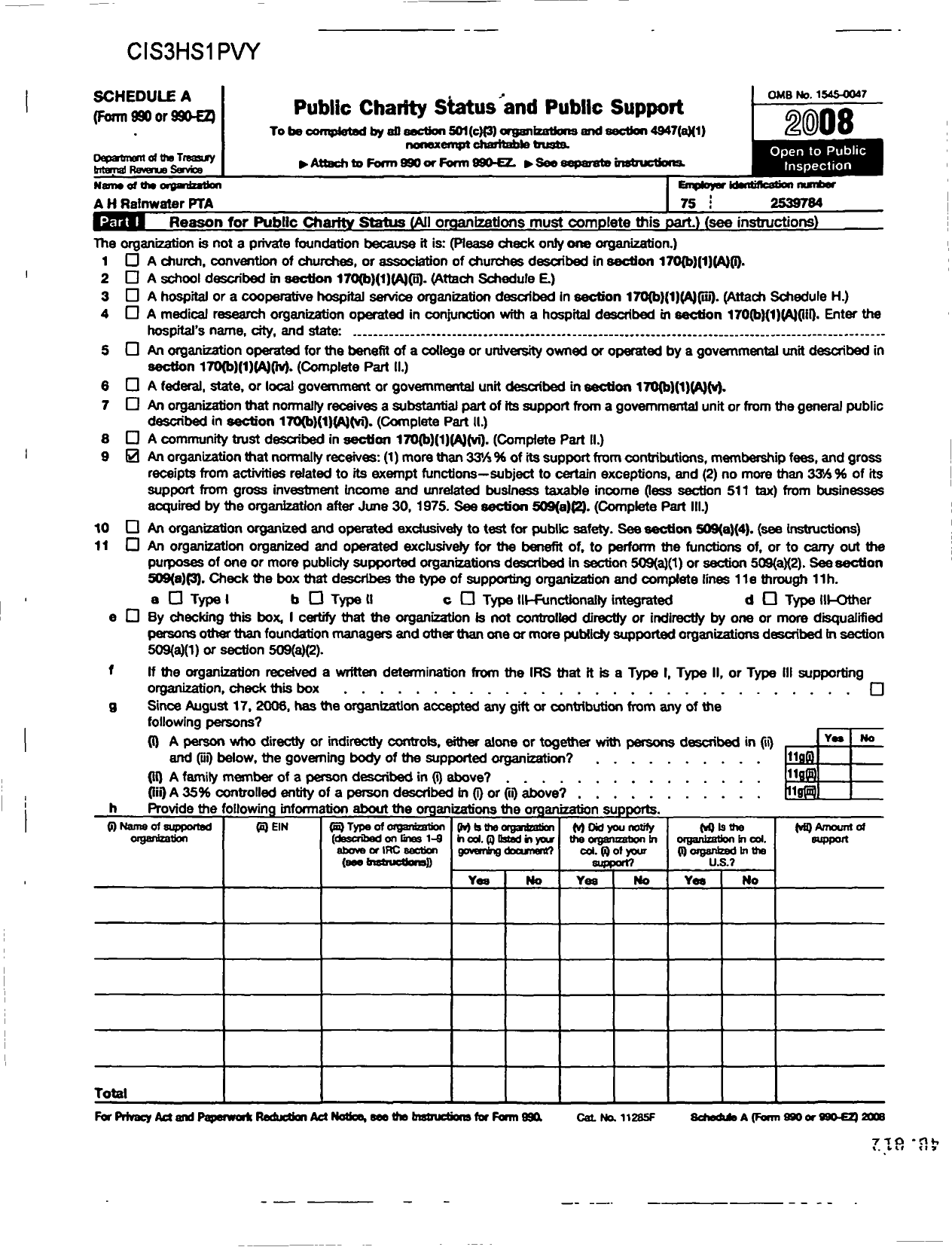 Image of first page of 2008 Form 990ER for Texas PTA - 1449 A H Rainwater Elementary