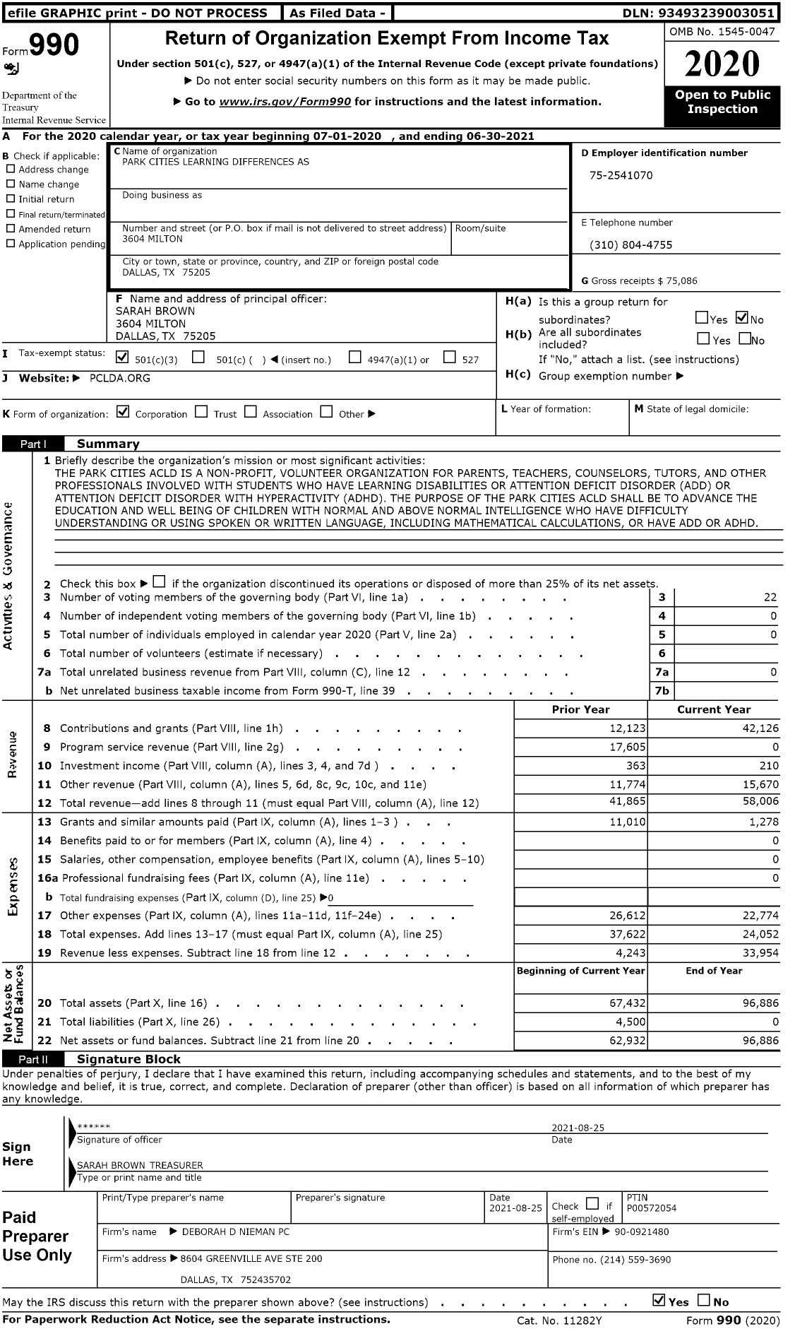 Image of first page of 2020 Form 990 for Park Cities Learning Differences As