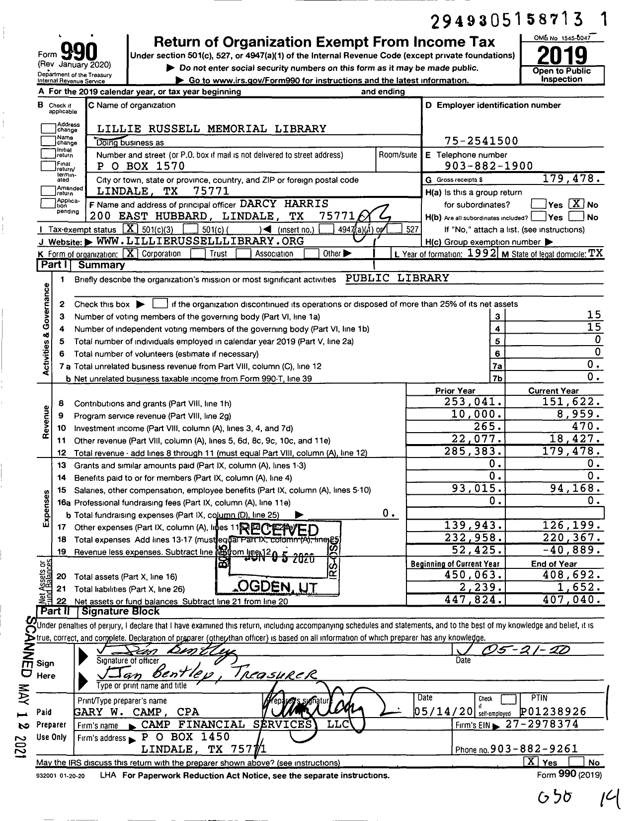 Image of first page of 2019 Form 990 for Lillie Russell Memorial Library