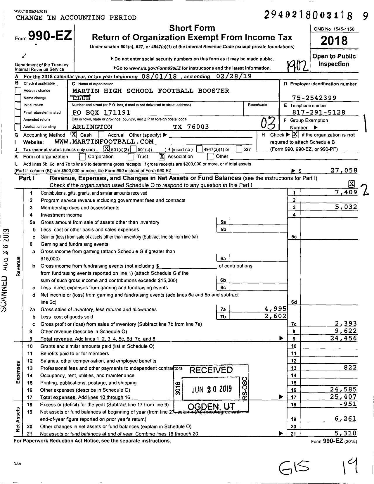 Image of first page of 2018 Form 990EZ for Martin High School Football Booster Club