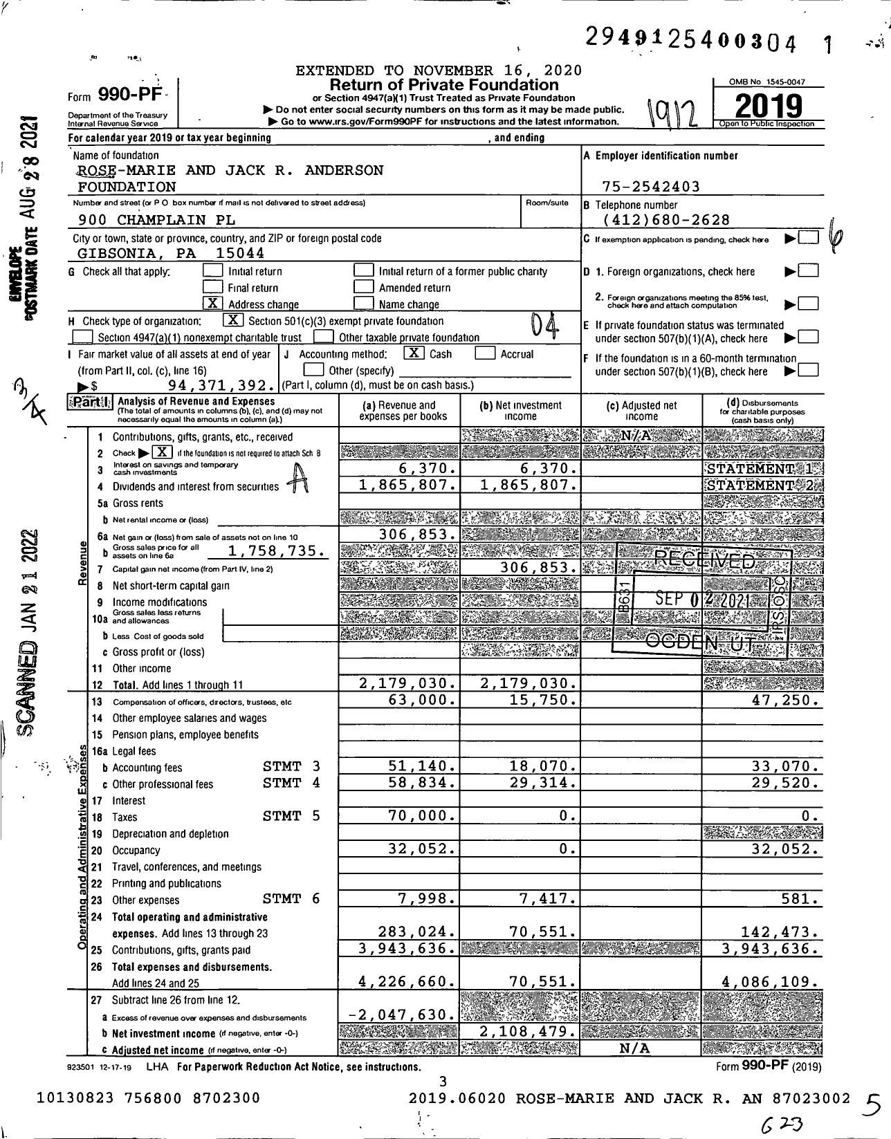 Image of first page of 2019 Form 990PF for Rose-Marie and Jack R Anderson Foundation