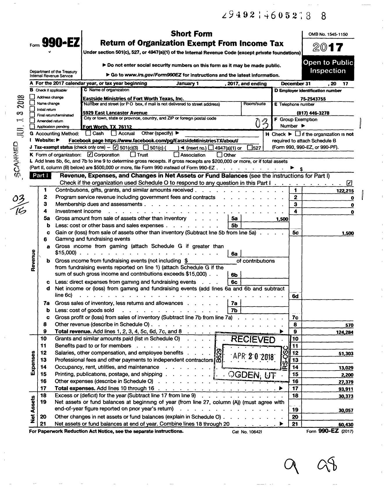 Image of first page of 2017 Form 990EZ for Eastside Ministries and Eastside Community Assistance