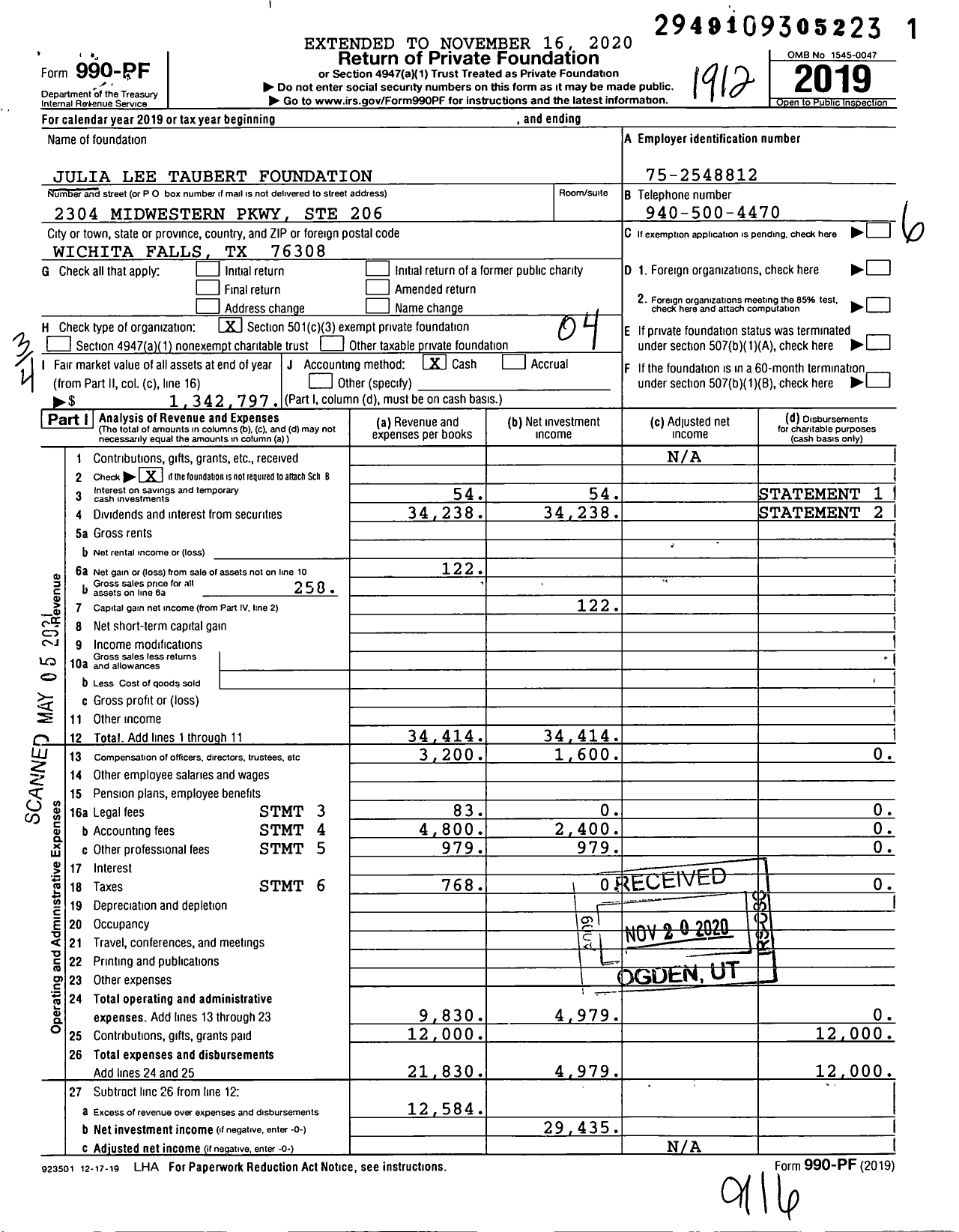 Image of first page of 2019 Form 990PF for Julia Lee Taubert Foundation