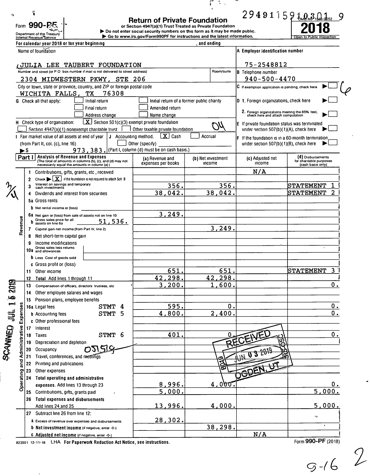 Image of first page of 2018 Form 990PF for Julia Lee Taubert Foundation