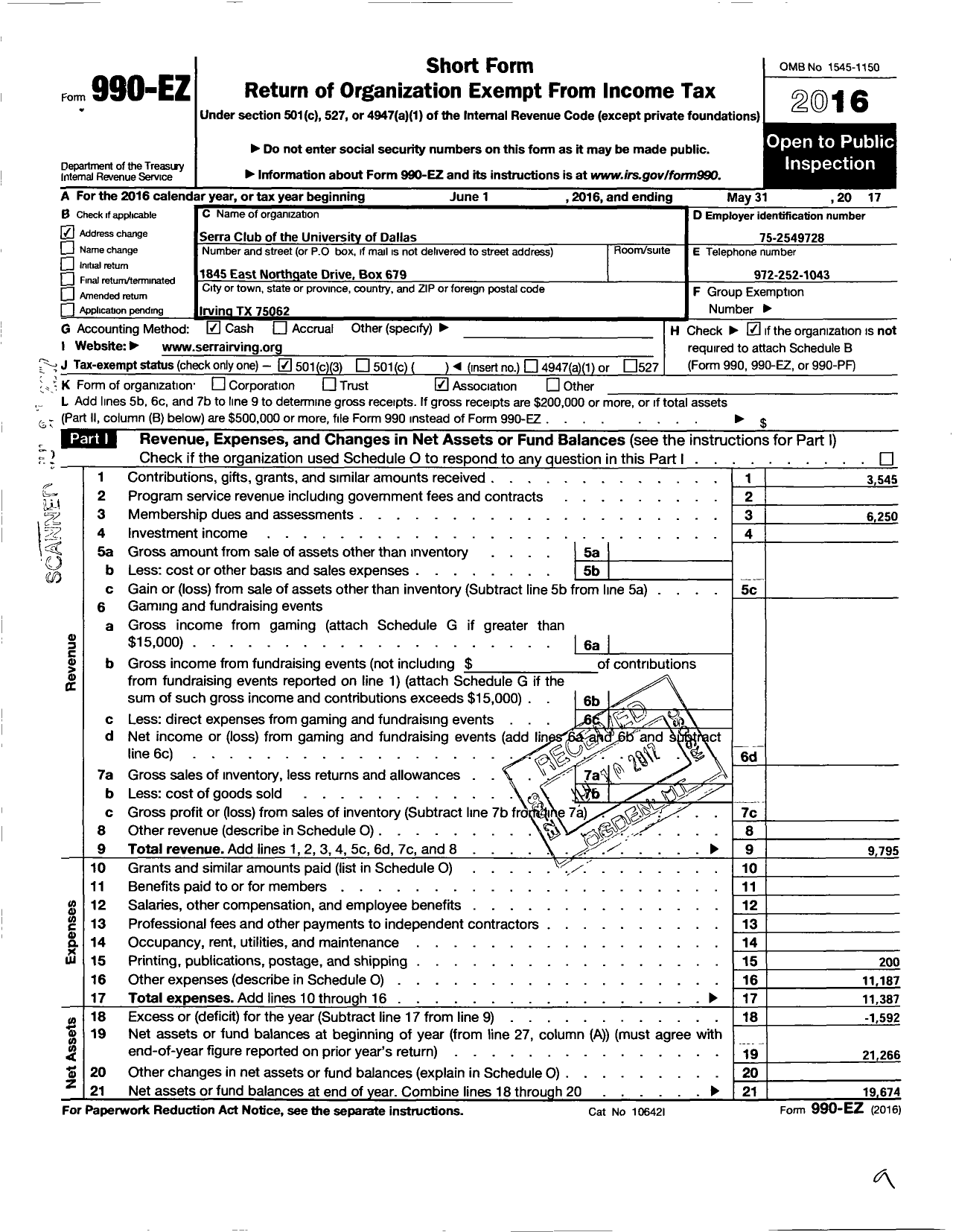 Image of first page of 2016 Form 990EZ for Serra International - 655 University of Dallas Club