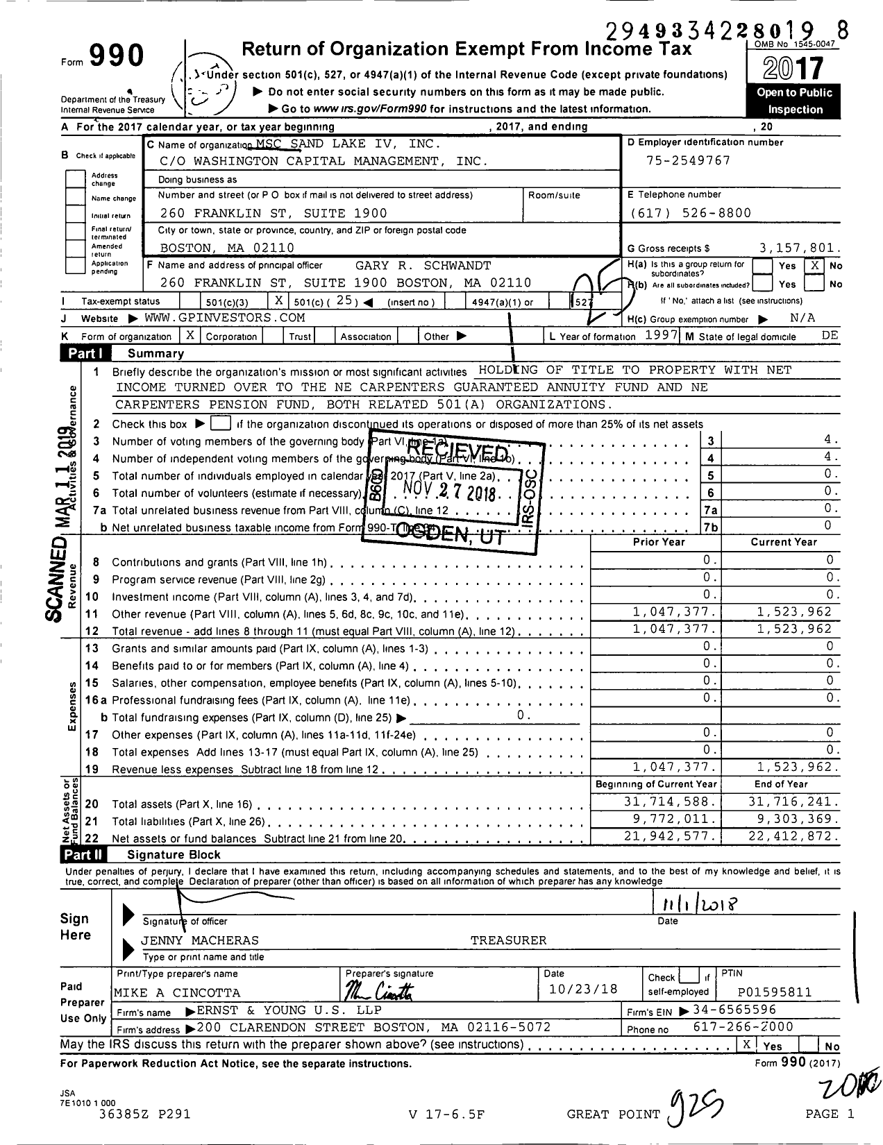 Image of first page of 2017 Form 990O for MSC Sand Lake Iv