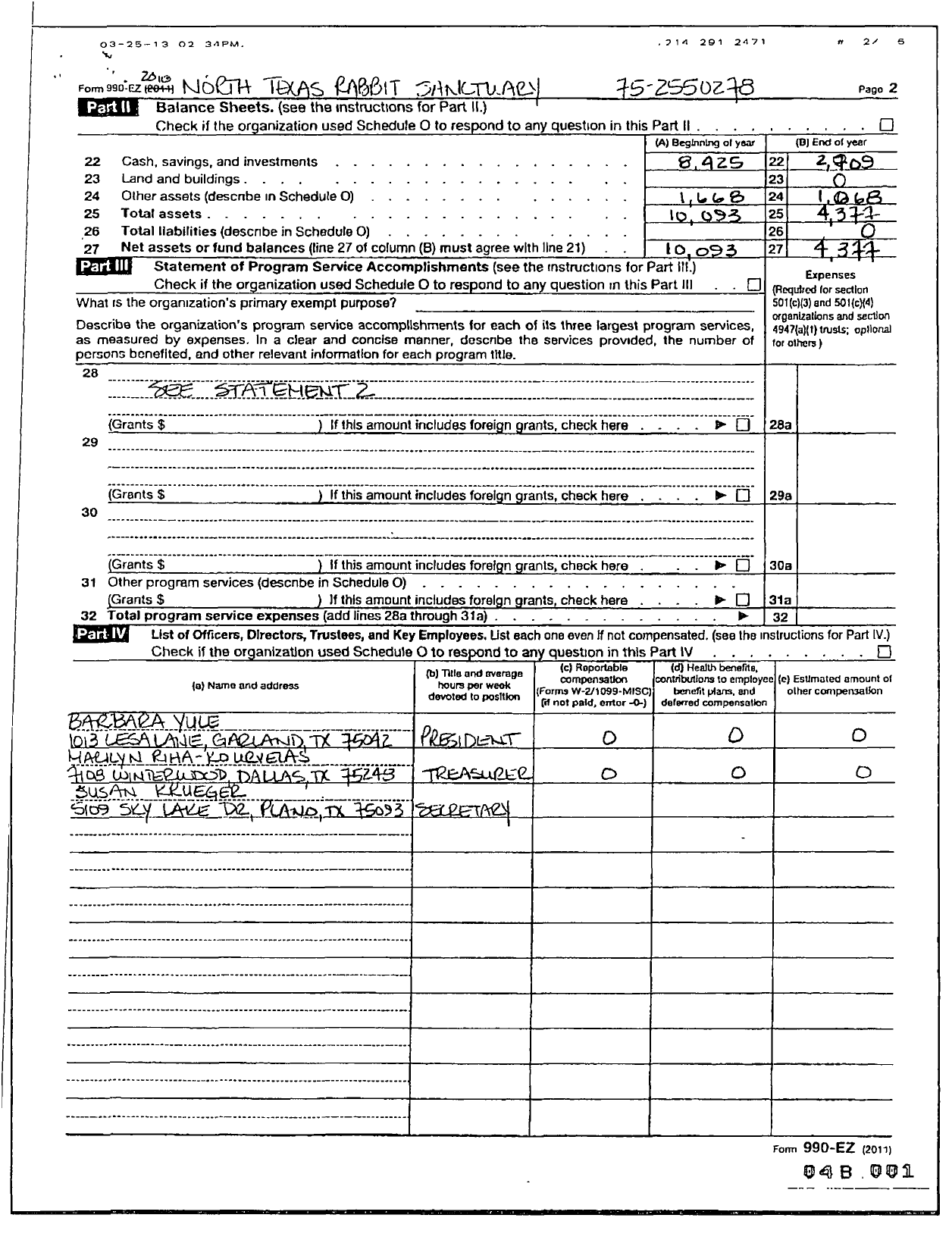 Image of first page of 2011 Form 990ER for North Texas Rabbit Sanctuary Corporation