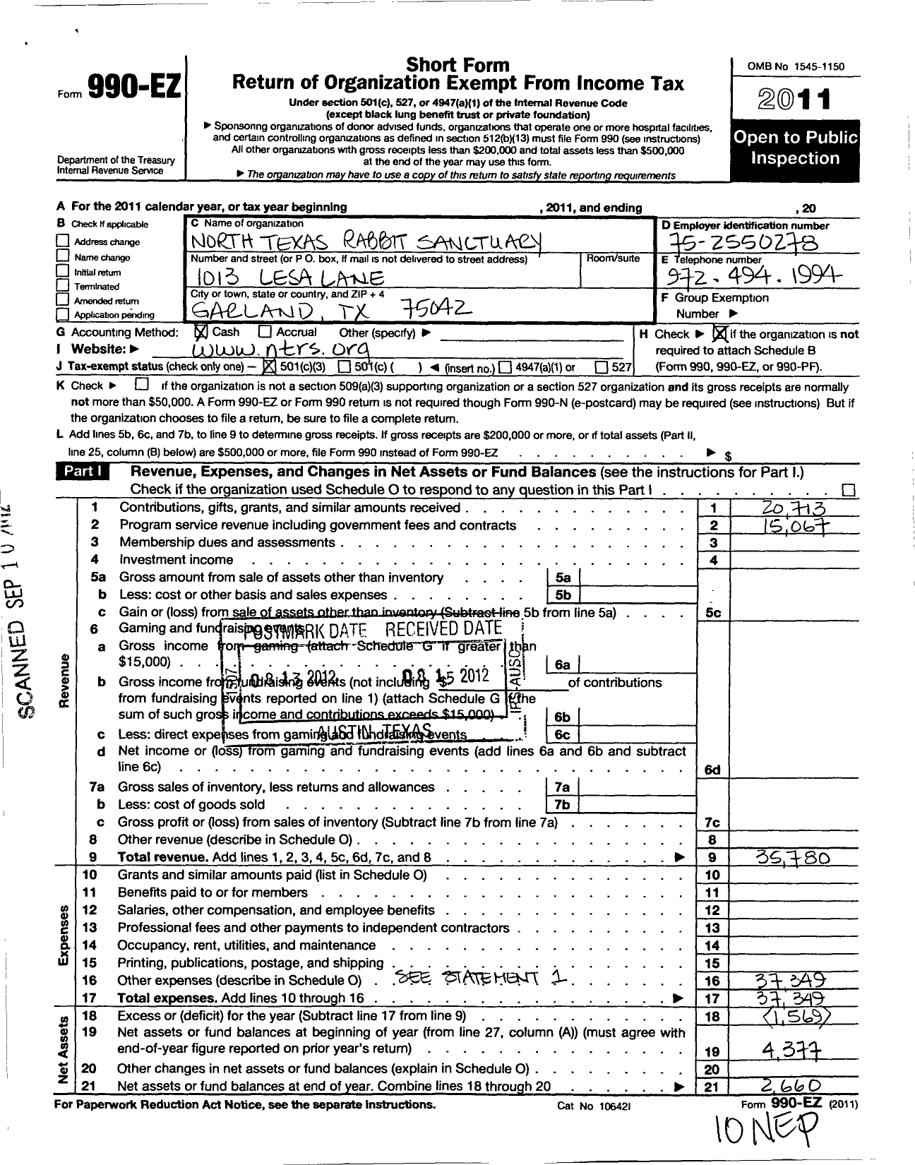 Image of first page of 2011 Form 990EZ for North Texas Rabbit Sanctuary Corporation