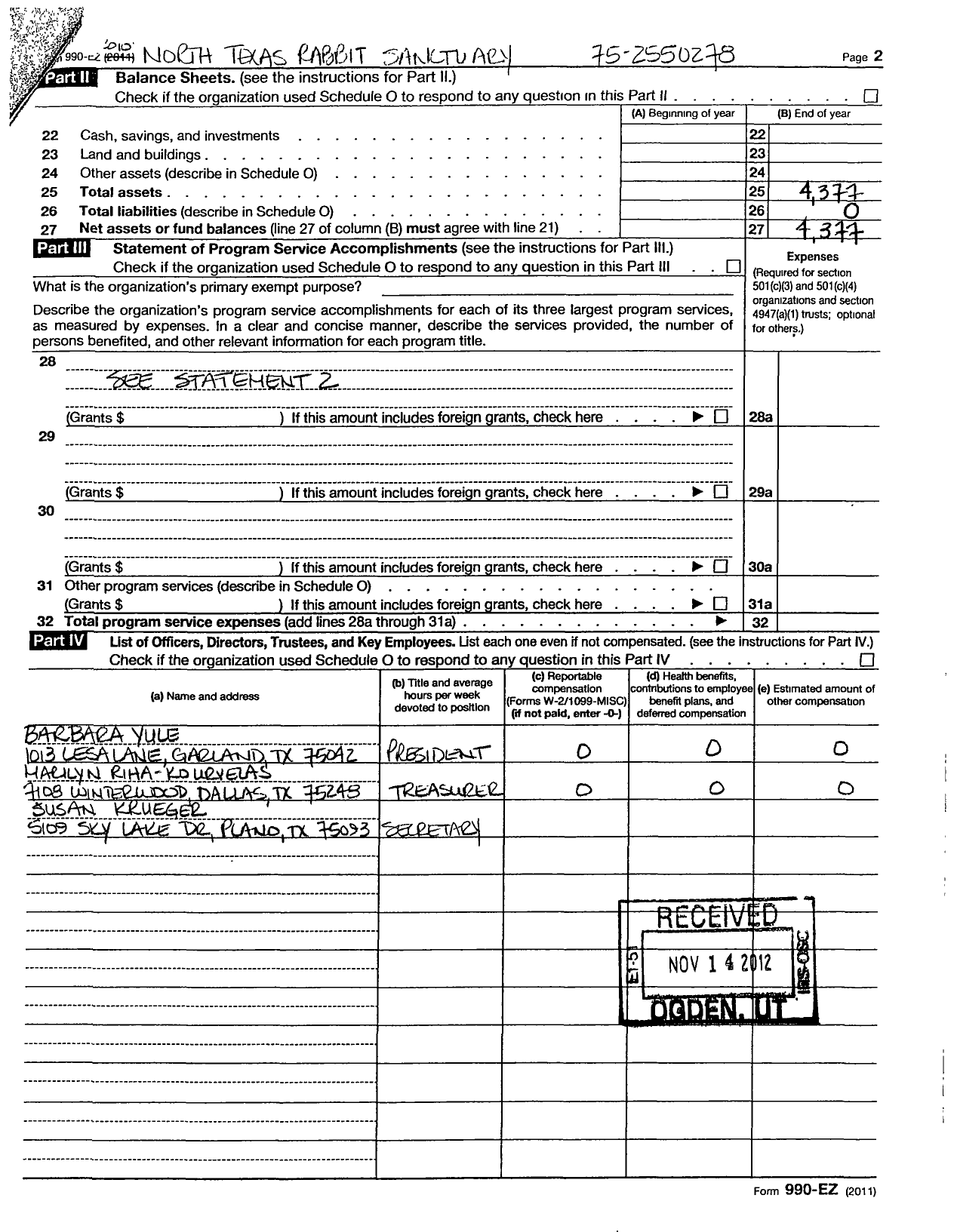 Image of first page of 2010 Form 990ER for North Texas Rabbit Sanctuary Corporation