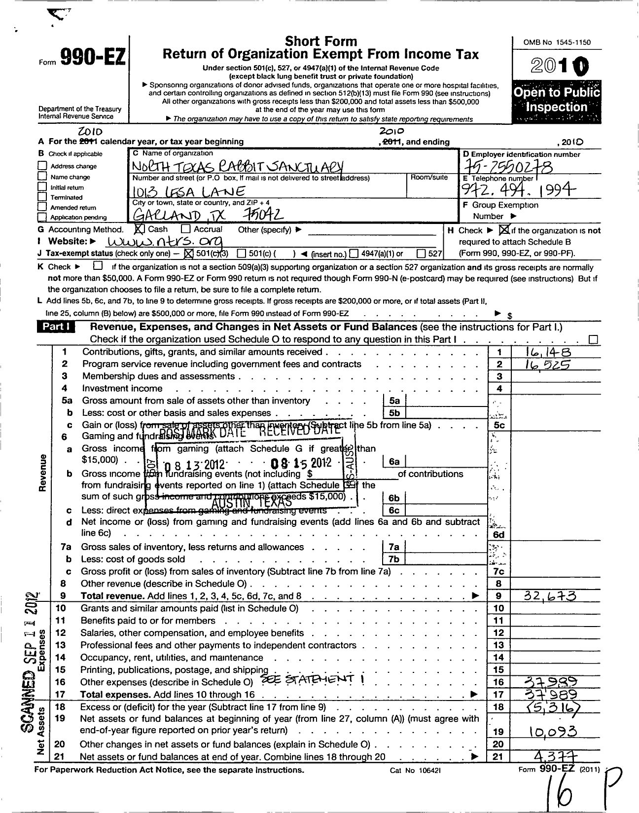 Image of first page of 2010 Form 990EZ for North Texas Rabbit Sanctuary Corporation