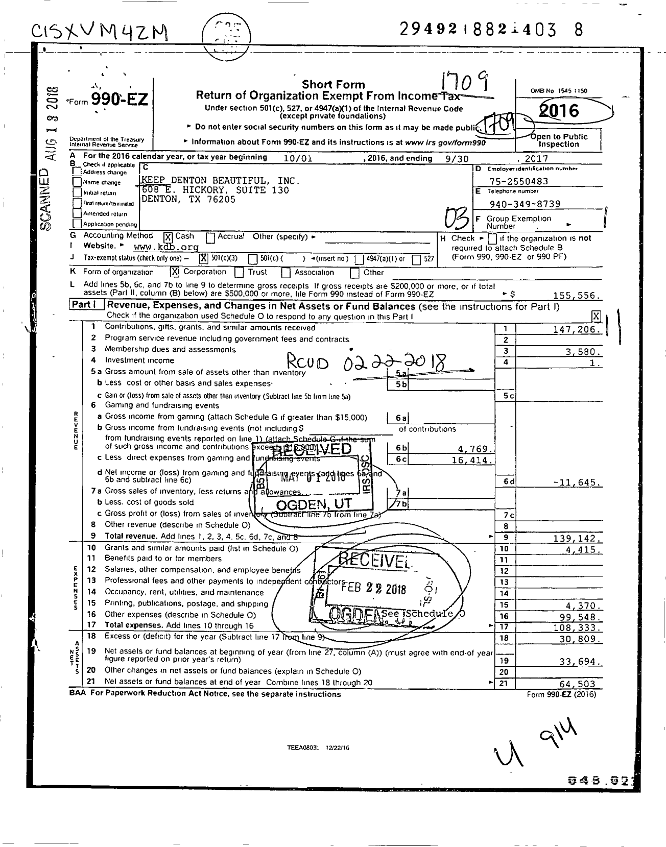 Image of first page of 2016 Form 990EZ for Keep Denton Beautiful