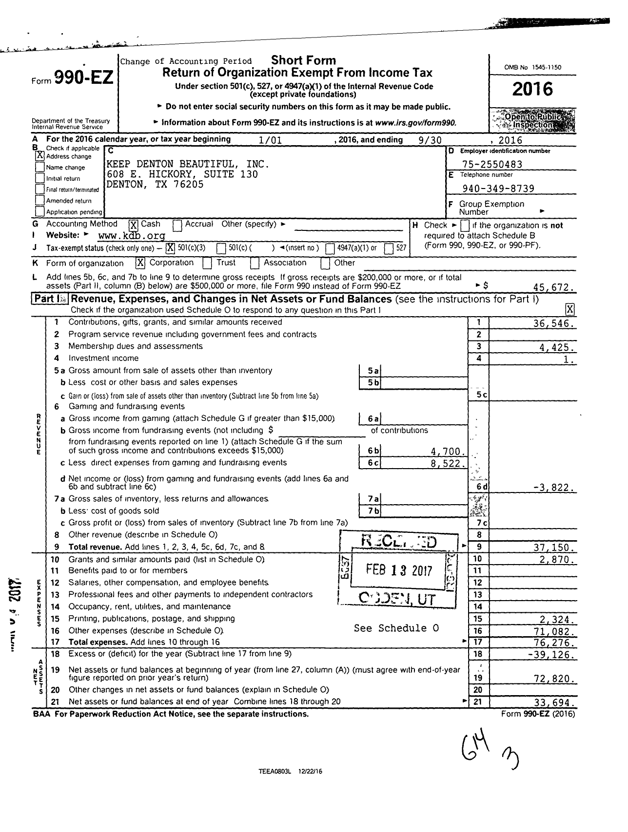 Image of first page of 2015 Form 990EZ for Keep Denton Beautiful