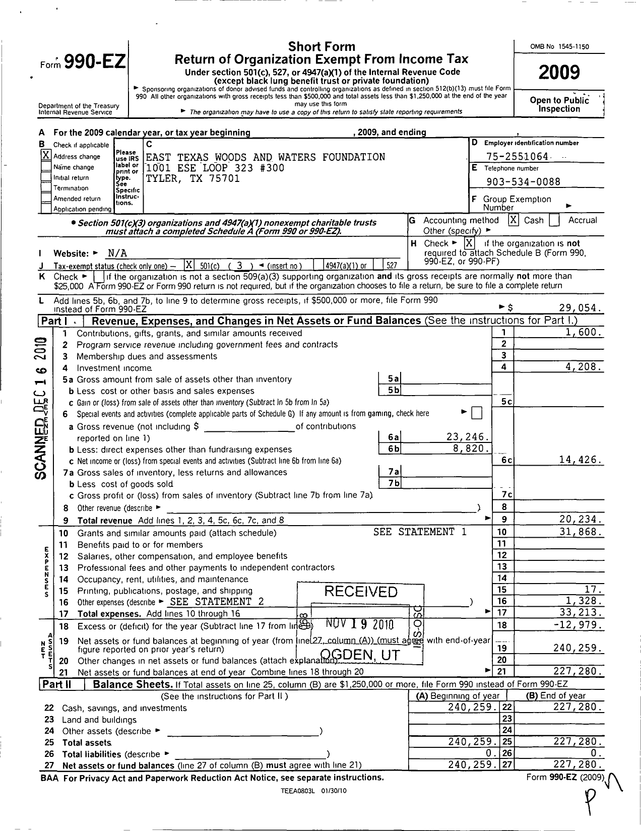 Image of first page of 2009 Form 990EZ for East Texas Woods and Waters Foundation