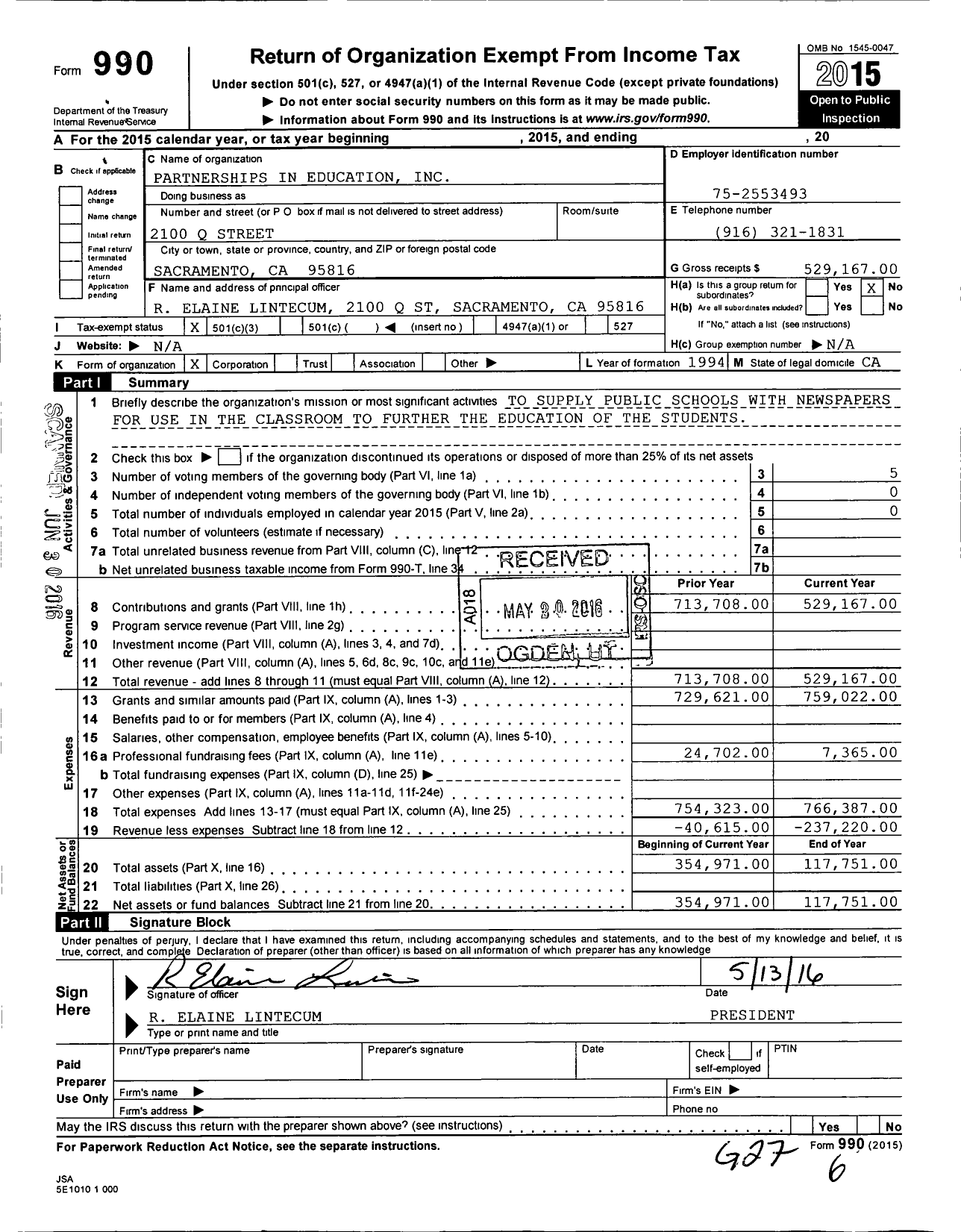 Image of first page of 2015 Form 990 for Partnerships in Education