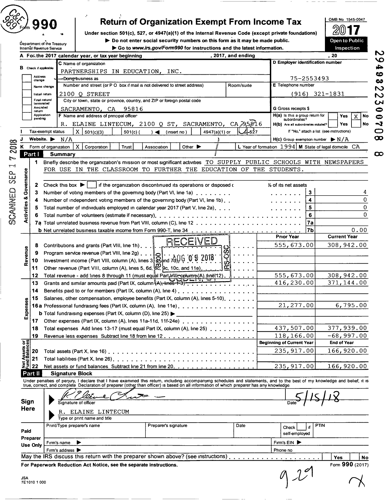 Image of first page of 2017 Form 990 for Partnerships in Education