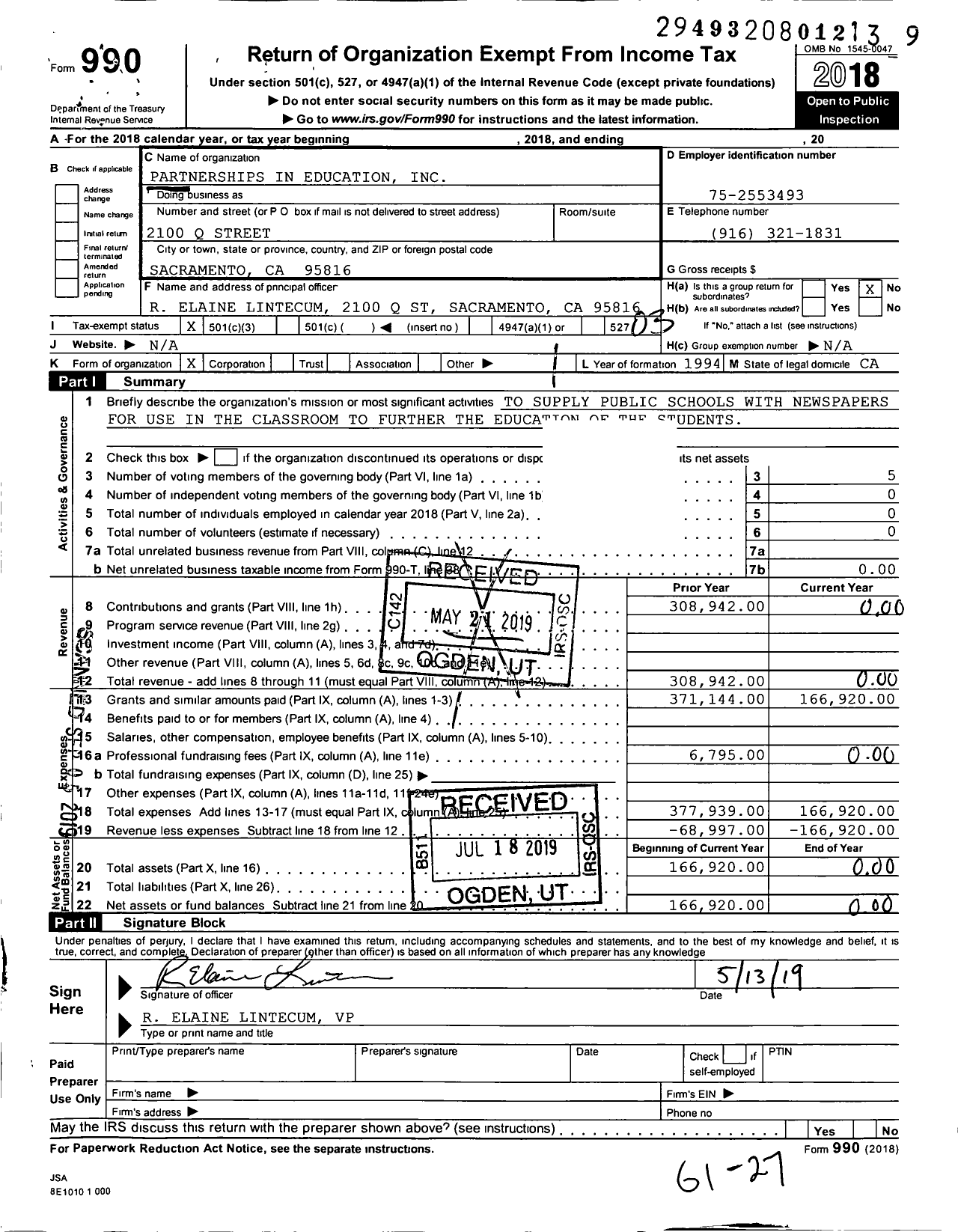 Image of first page of 2018 Form 990 for Partnerships in Education