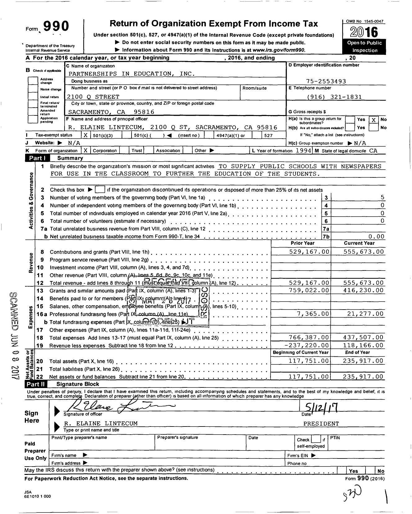 Image of first page of 2016 Form 990 for Partnerships in Education