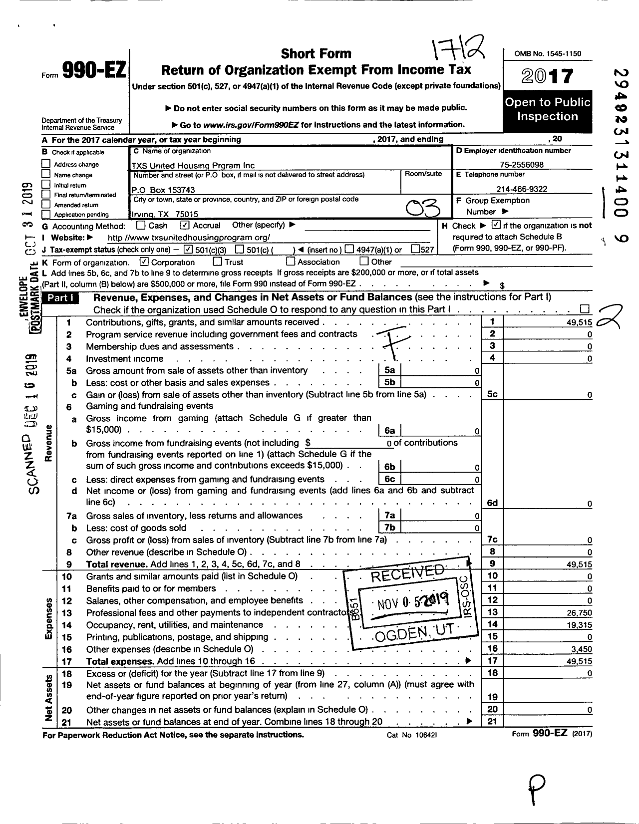 Image of first page of 2017 Form 990EZ for TXS United Housing Program