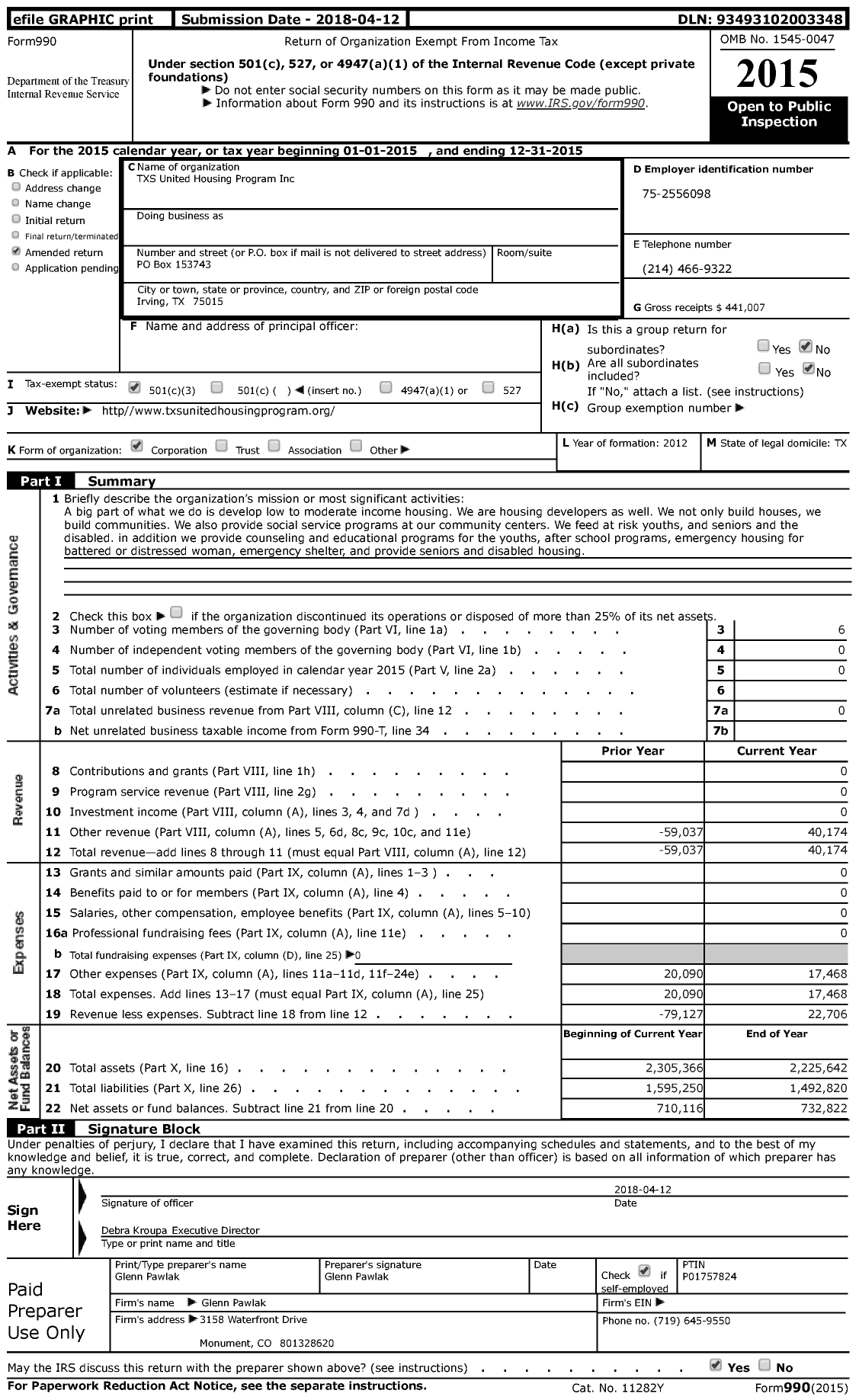 Image of first page of 2015 Form 990 for TXS United Housing Program