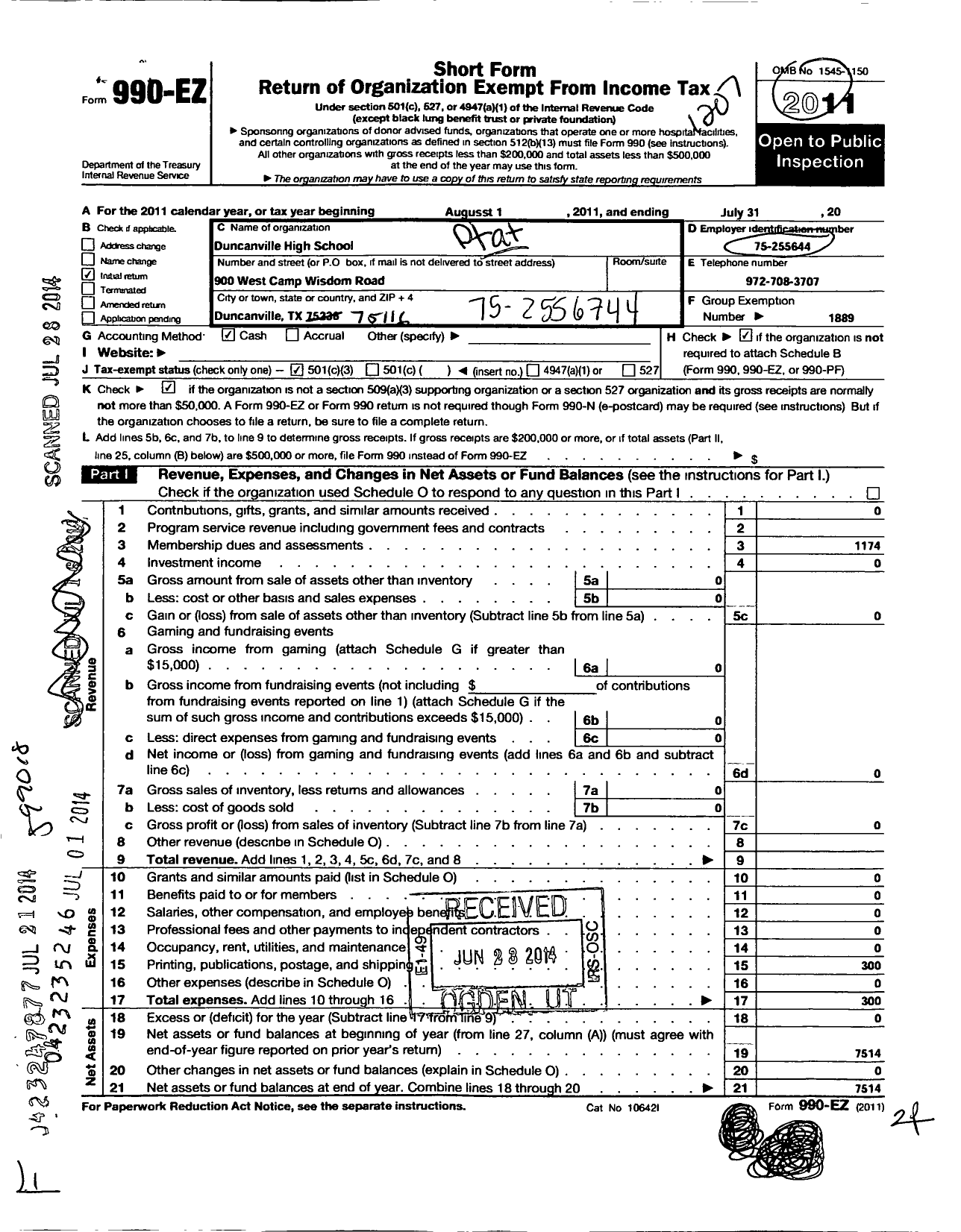 Image of first page of 2011 Form 990EZ for Texas PTA - 2914 Duncanville High School Ptsa