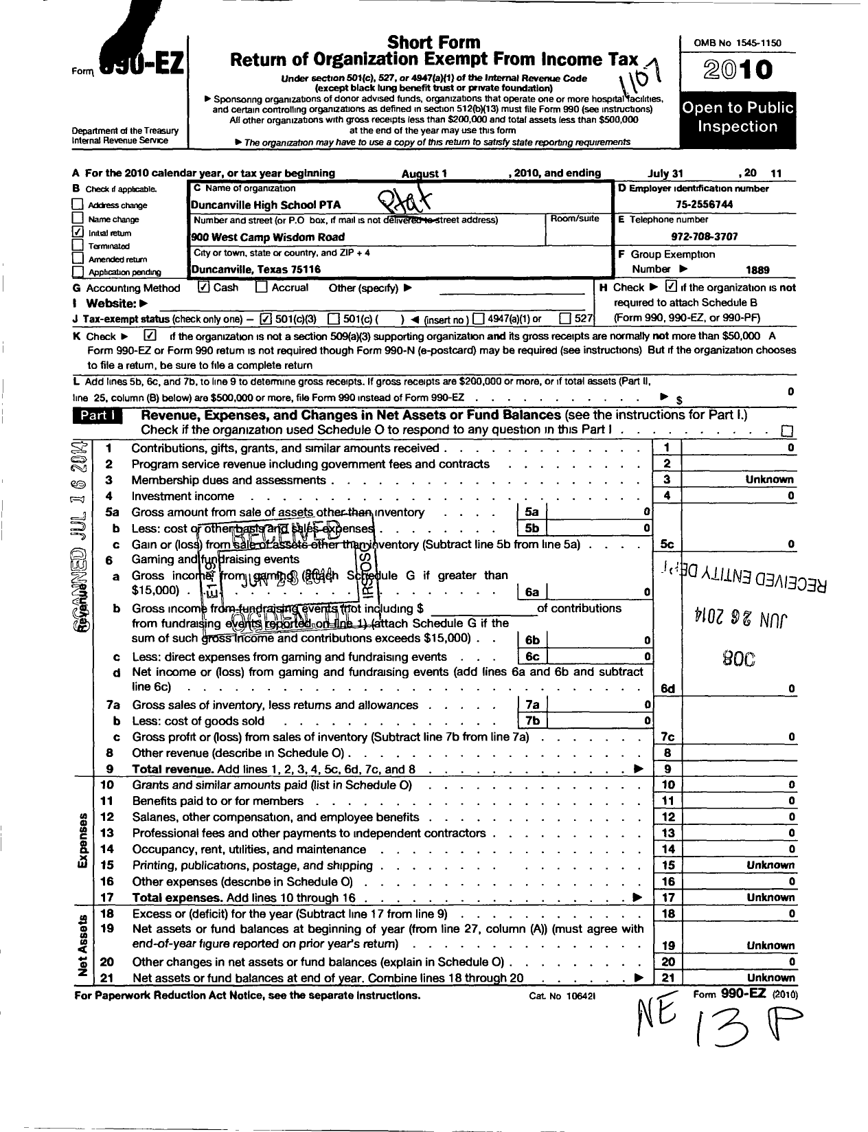 Image of first page of 2010 Form 990EZ for Texas PTA - 2914 Duncanville High School Ptsa