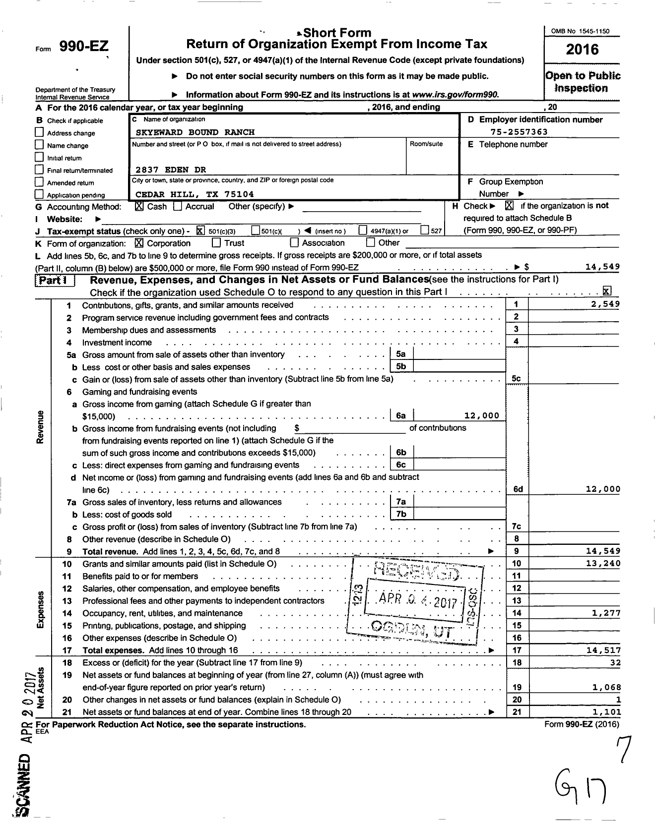 Image of first page of 2016 Form 990EZ for Skyeward Bound Ranch