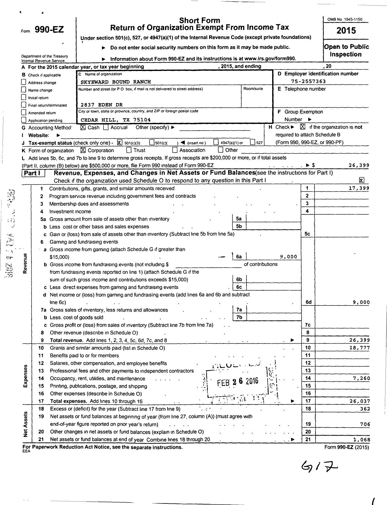 Image of first page of 2015 Form 990EZ for Skyeward Bound Ranch