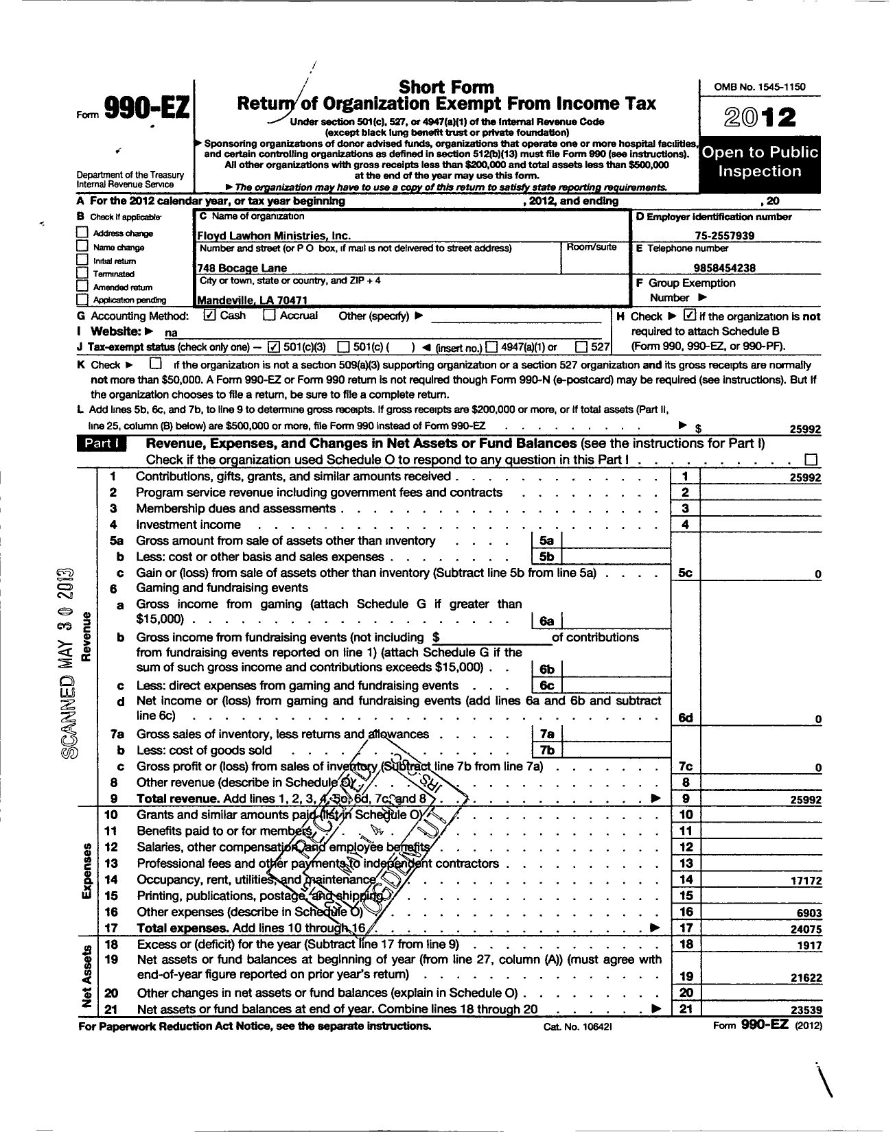 Image of first page of 2012 Form 990EZ for Floyd H and Gay Lawhon Ministries