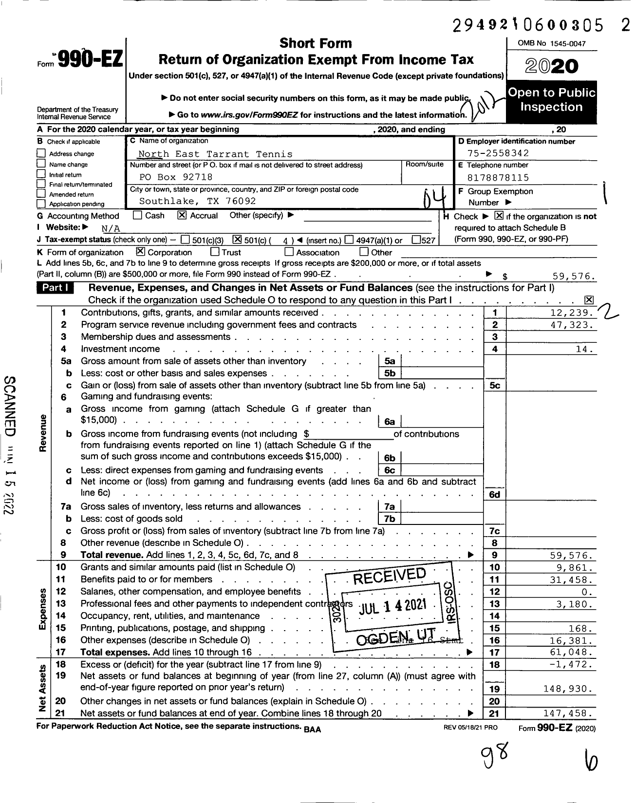 Image of first page of 2020 Form 990EO for North East Tarrant Tennis