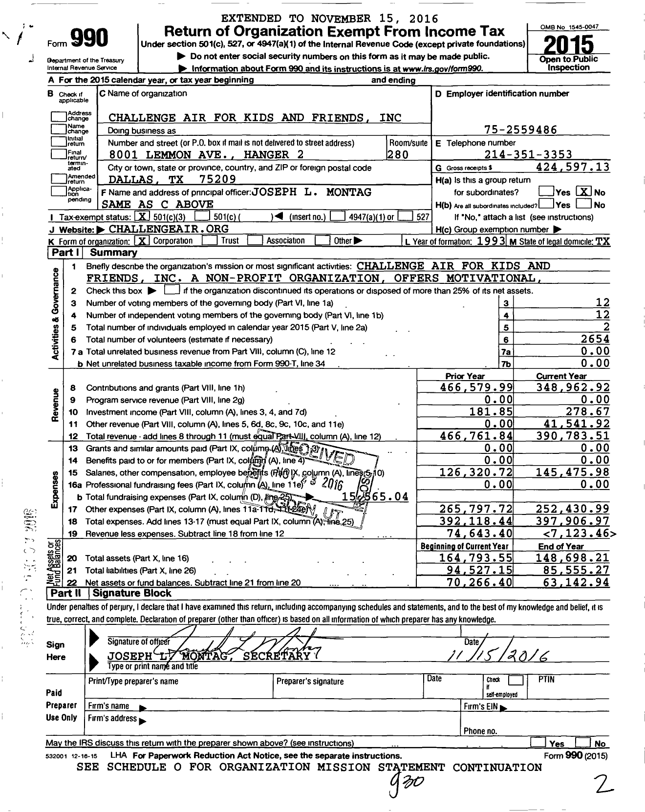 Image of first page of 2015 Form 990 for Challenge Air for Kids and Friends