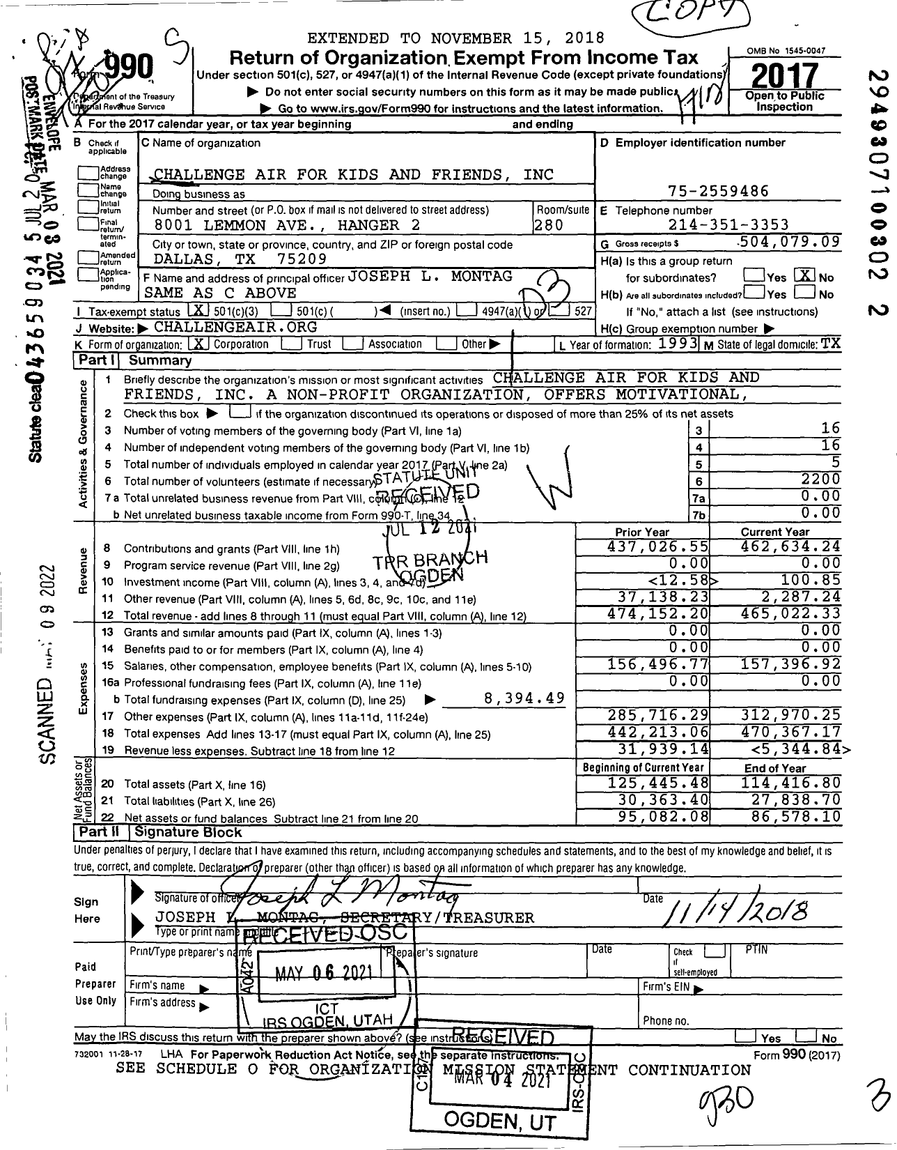 Image of first page of 2017 Form 990 for Challenge Air for Kids and Friends