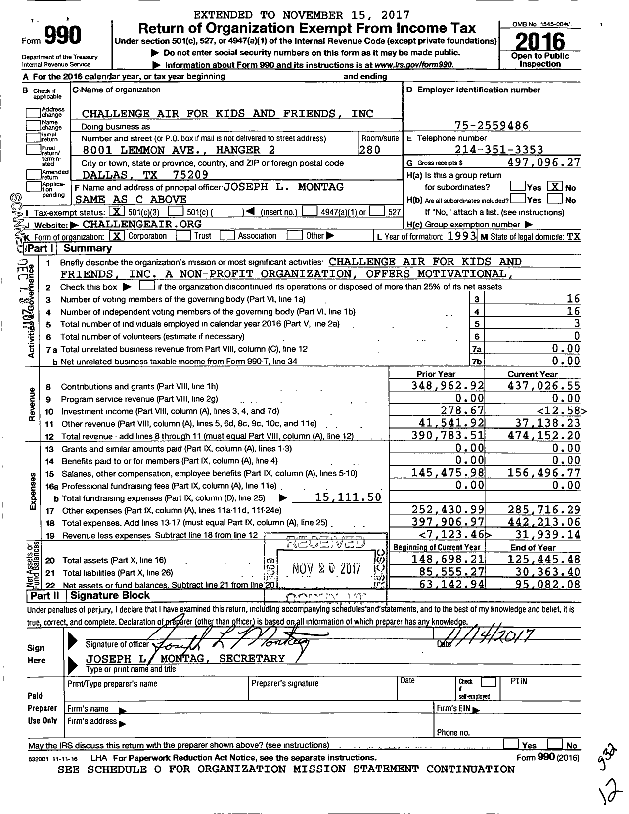 Image of first page of 2016 Form 990 for Challenge Air for Kids and Friends