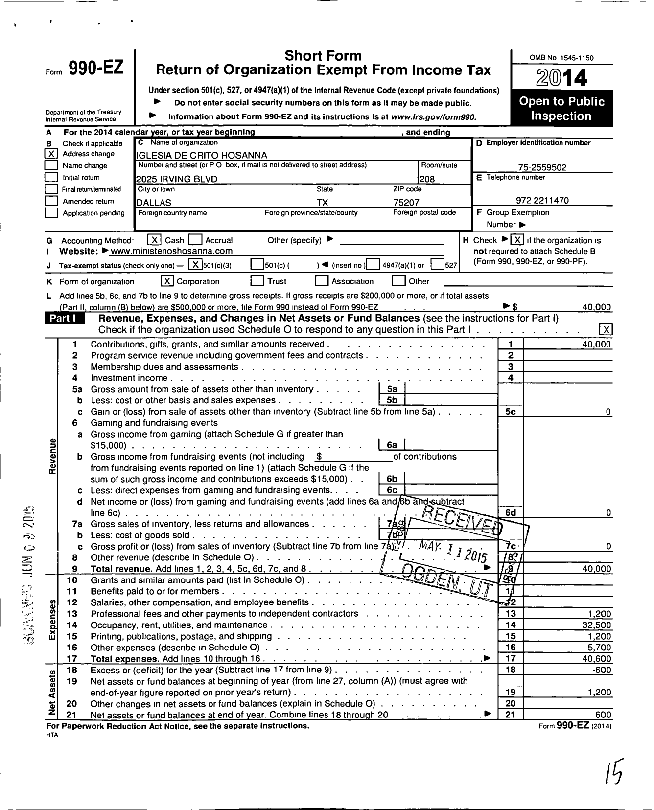 Image of first page of 2014 Form 990EZ for Iglesia Biblica Hosanna