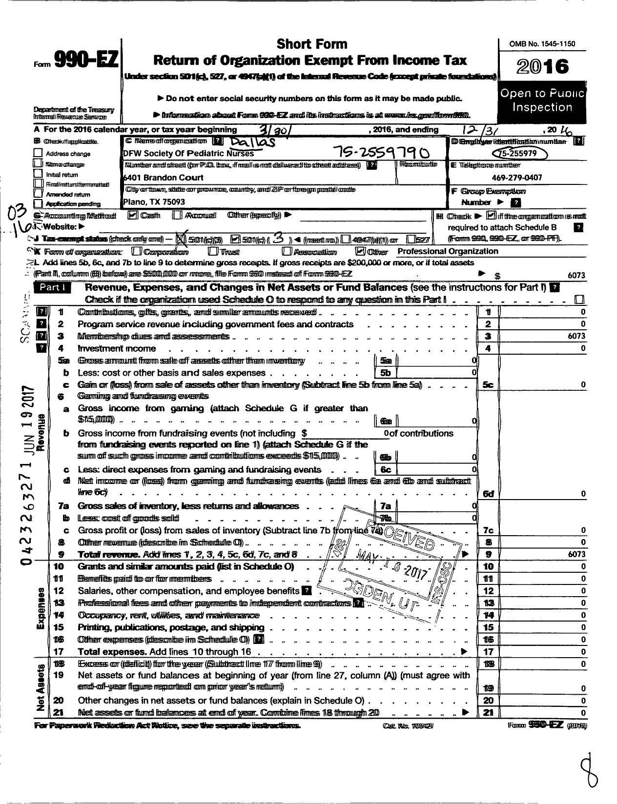 Image of first page of 2016 Form 990EZ for Society of Pediatric Nurses