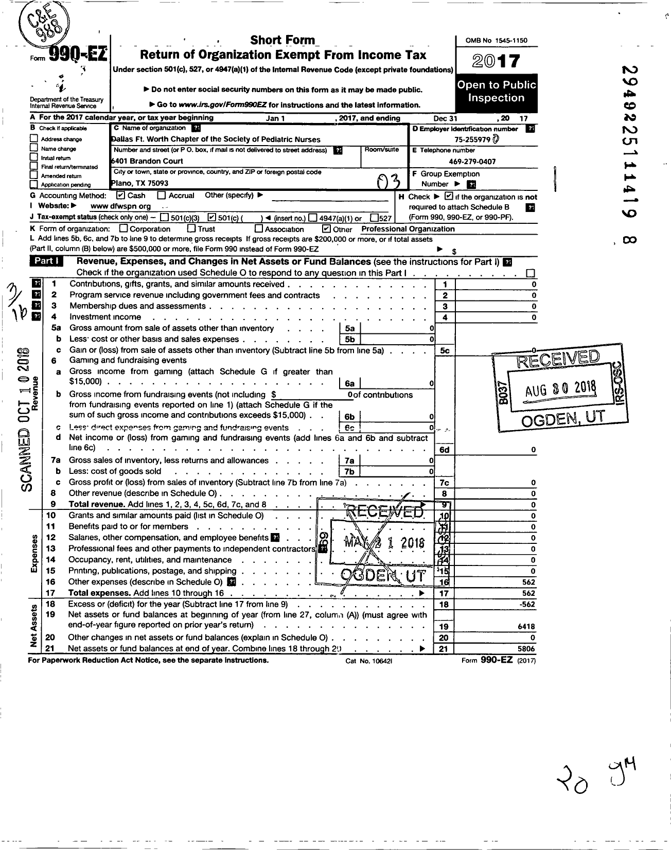 Image of first page of 2017 Form 990EZ for Society of Pediatric Nurses