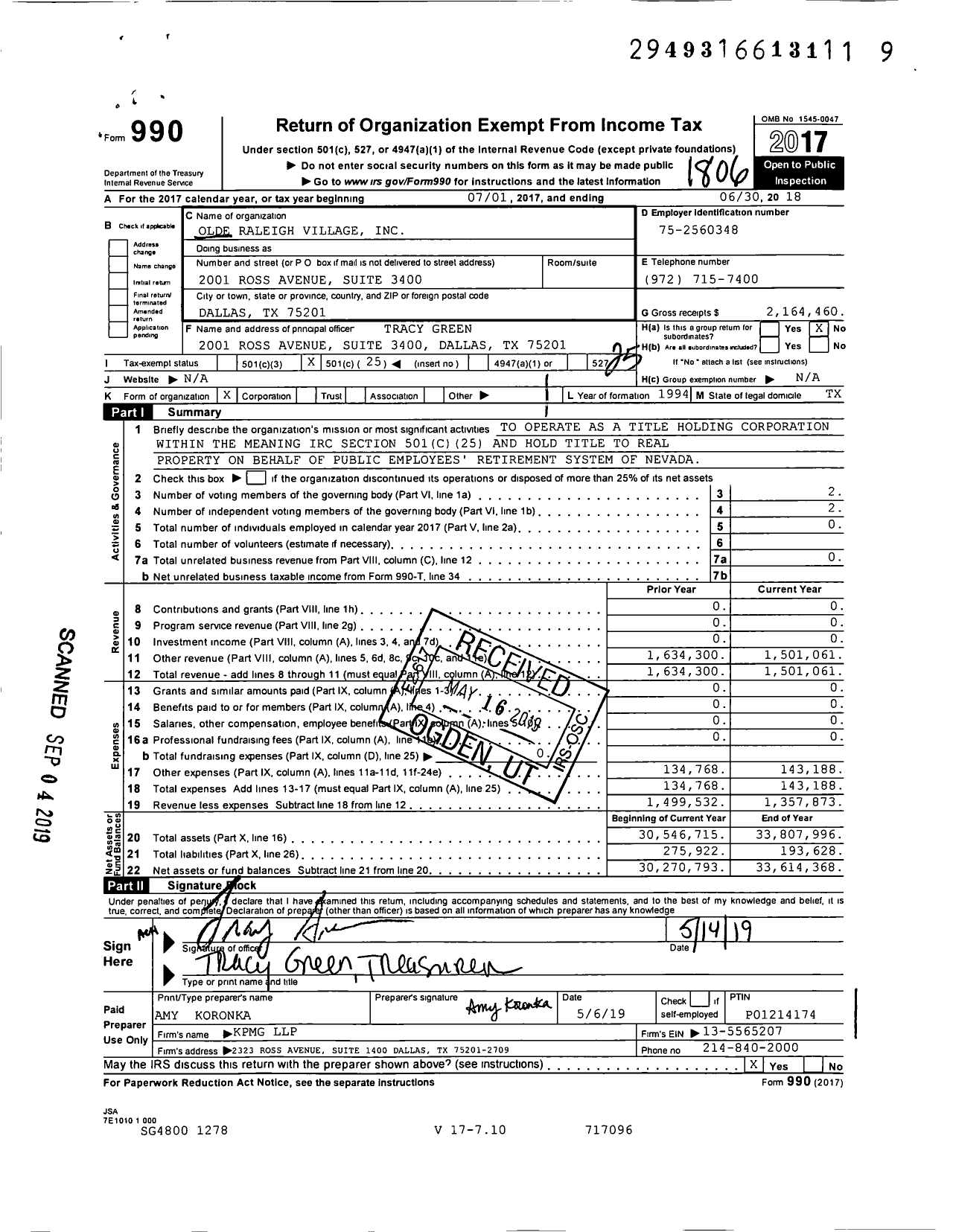 Image of first page of 2017 Form 990O for Olde Raleigh Village