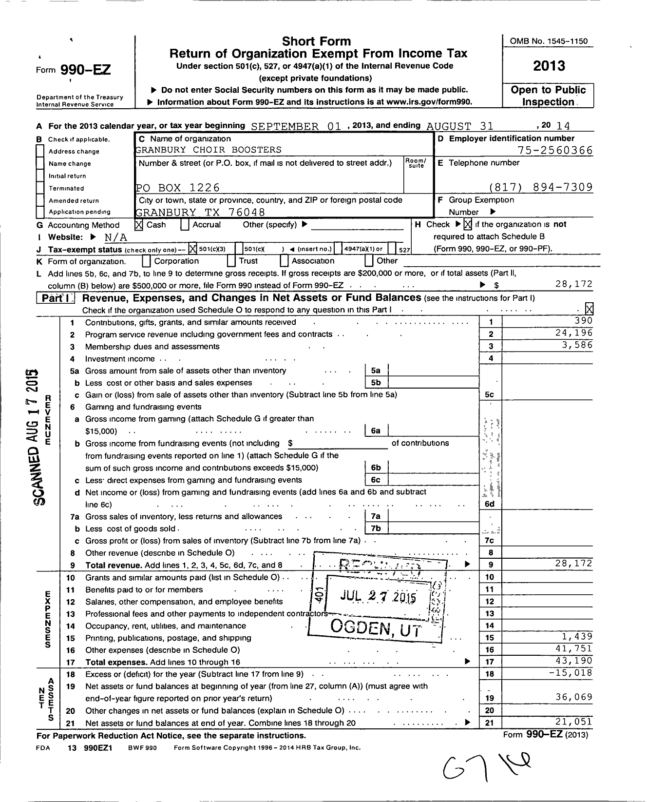 Image of first page of 2013 Form 990EZ for Granbury Choir Boosters