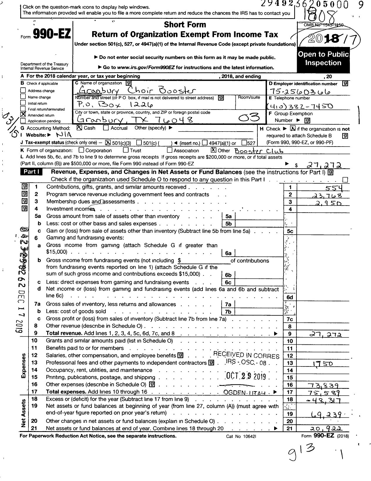 Image of first page of 2017 Form 990EZ for Granbury Choir Boosters