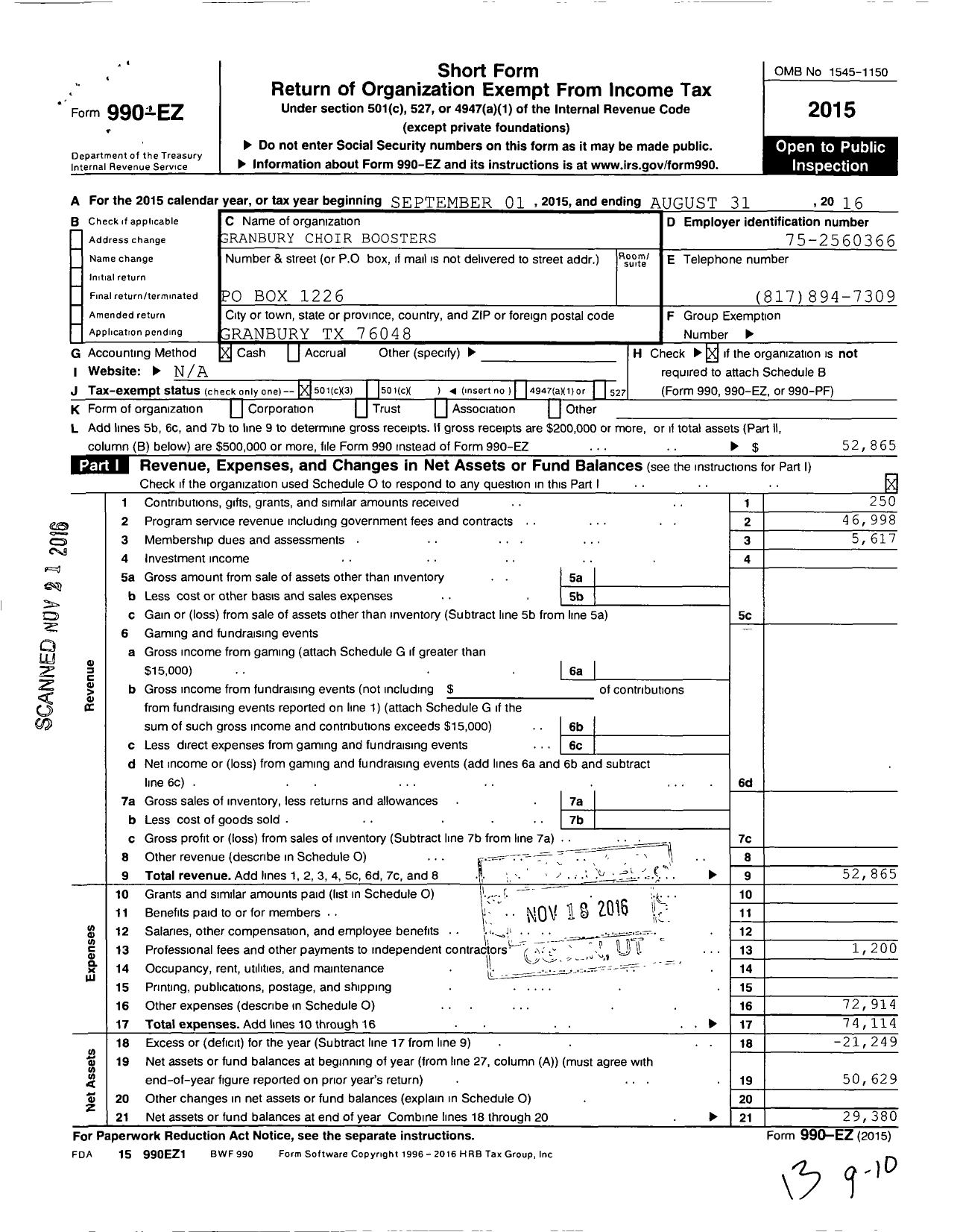 Image of first page of 2015 Form 990EZ for Granbury Choir Boosters