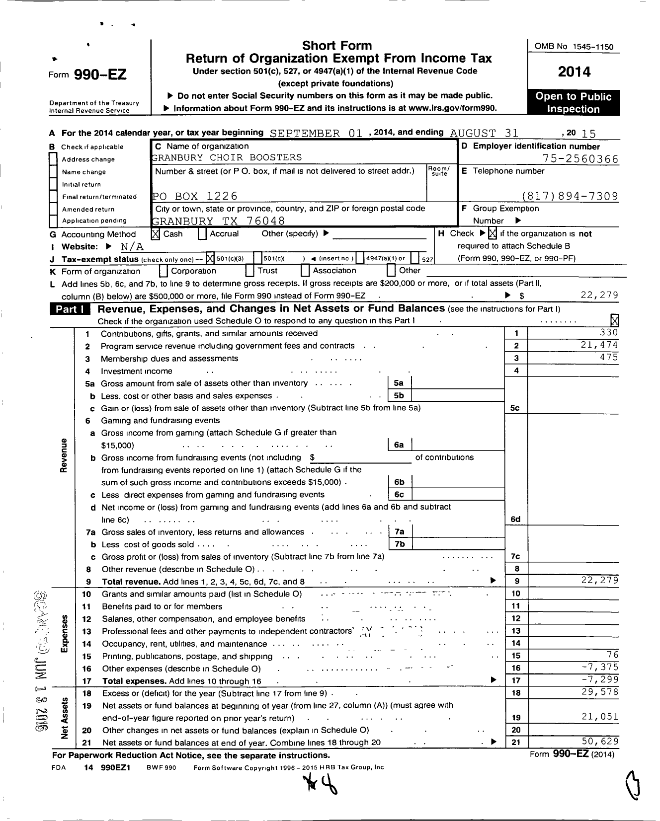 Image of first page of 2014 Form 990EZ for Granbury Choir Boosters