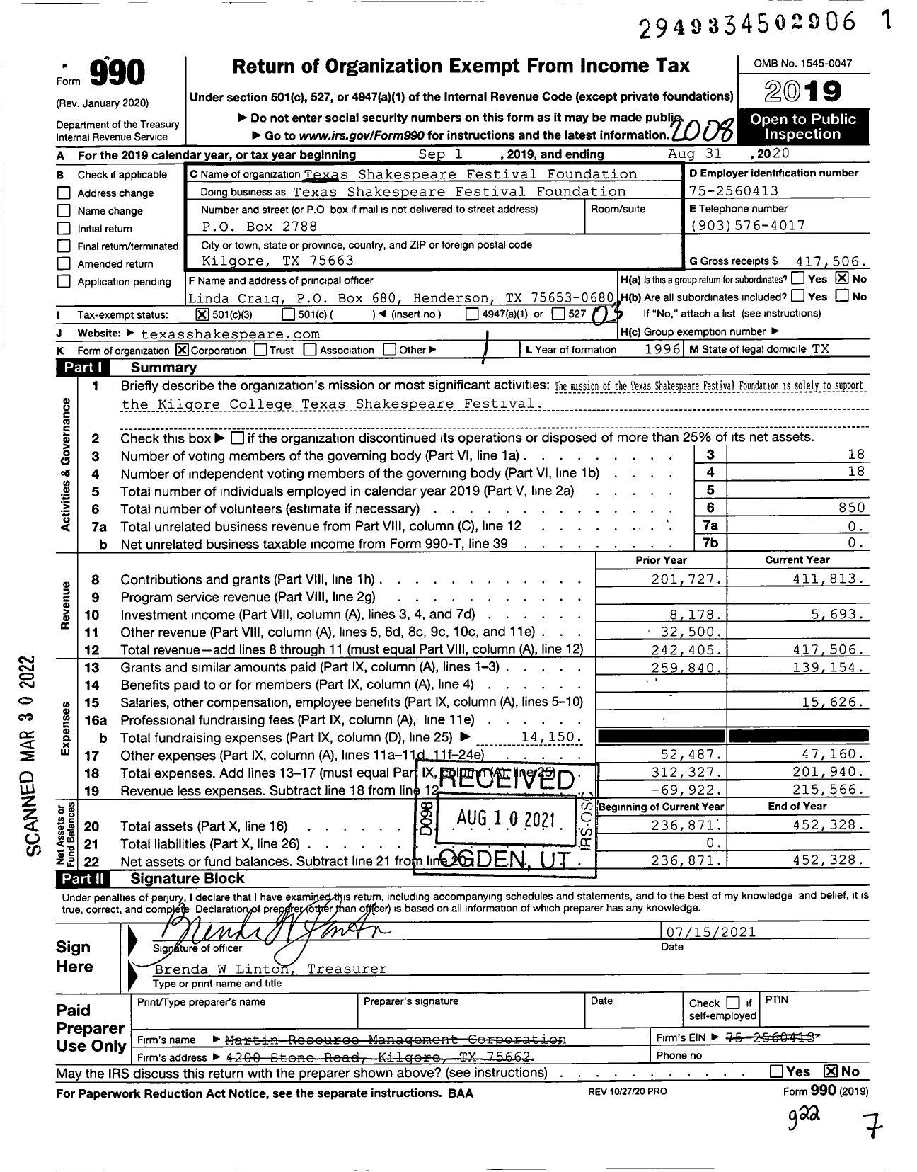 Image of first page of 2019 Form 990 for Texas Shakespeare Festival Foundation