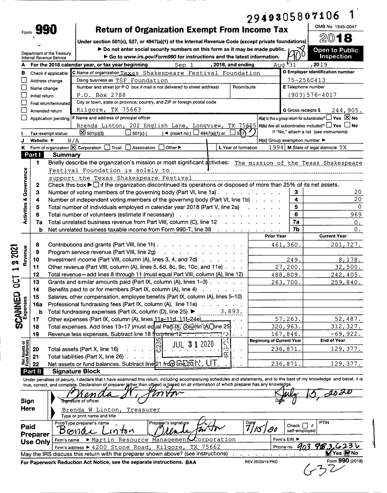 Image of first page of 2018 Form 990 for Texas Shakespeare Festival Foundation