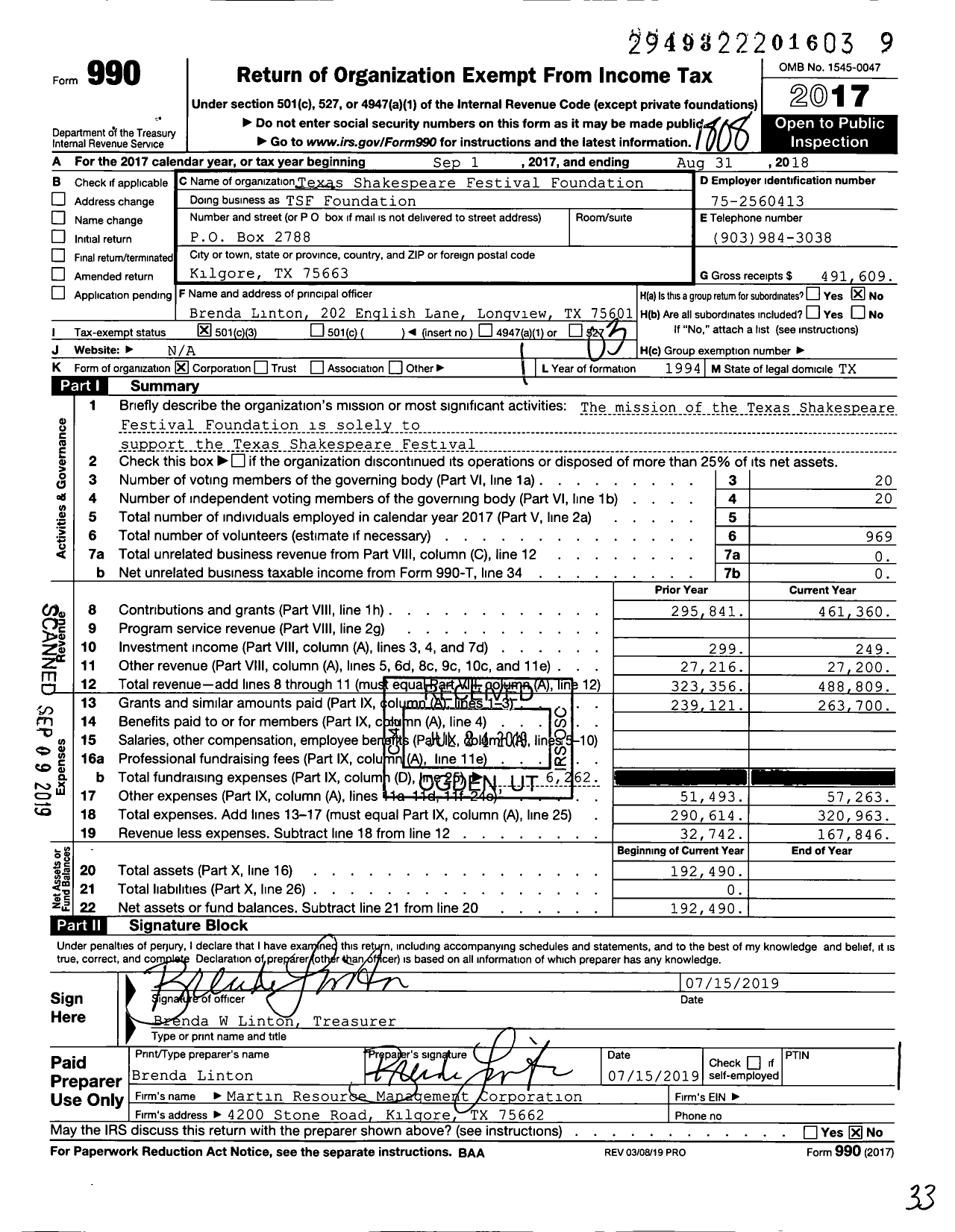 Image of first page of 2017 Form 990 for Texas Shakespeare Festival Foundation