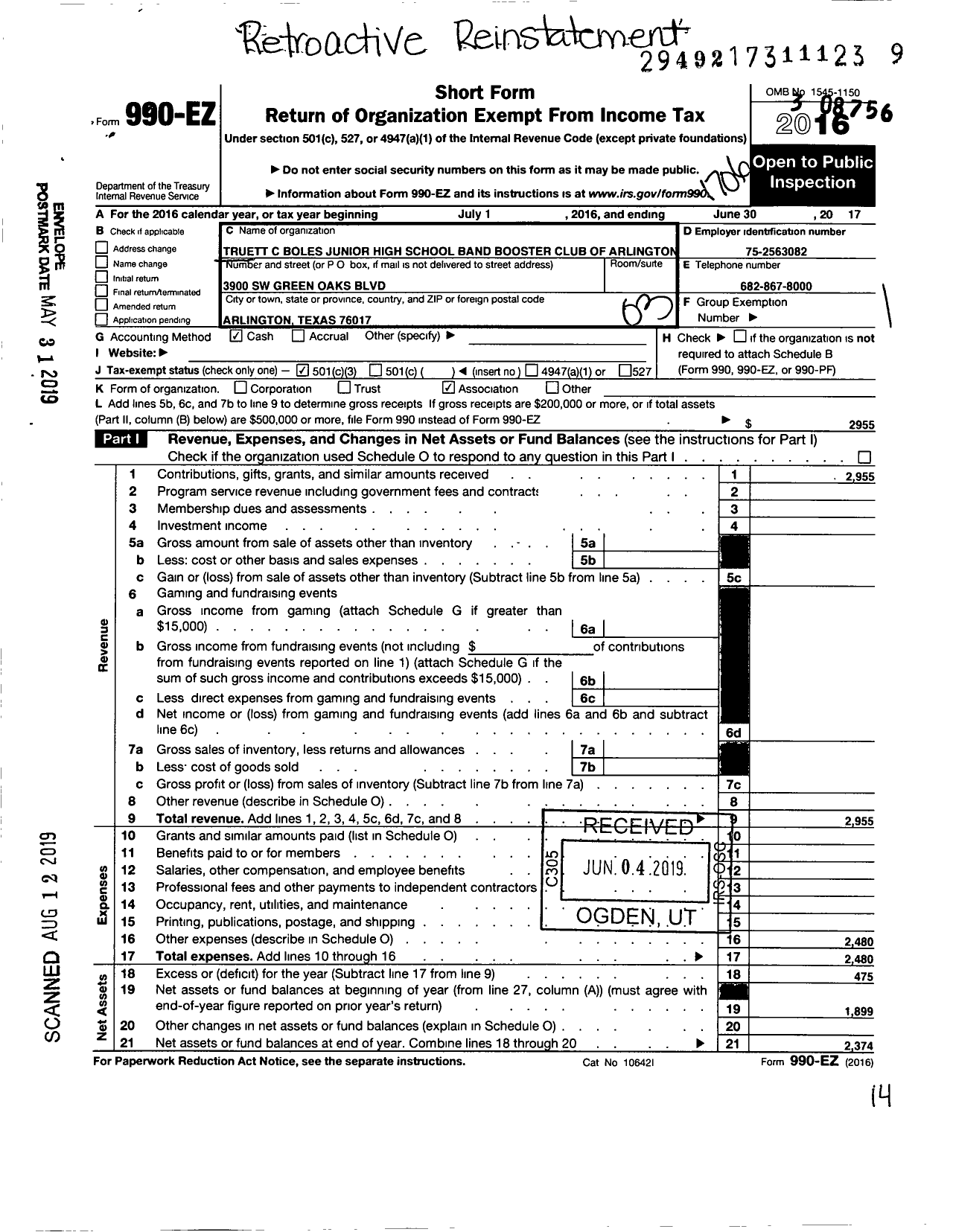 Image of first page of 2016 Form 990EZ for Truett C Boles Junior High School Band Booster Club of Arlington