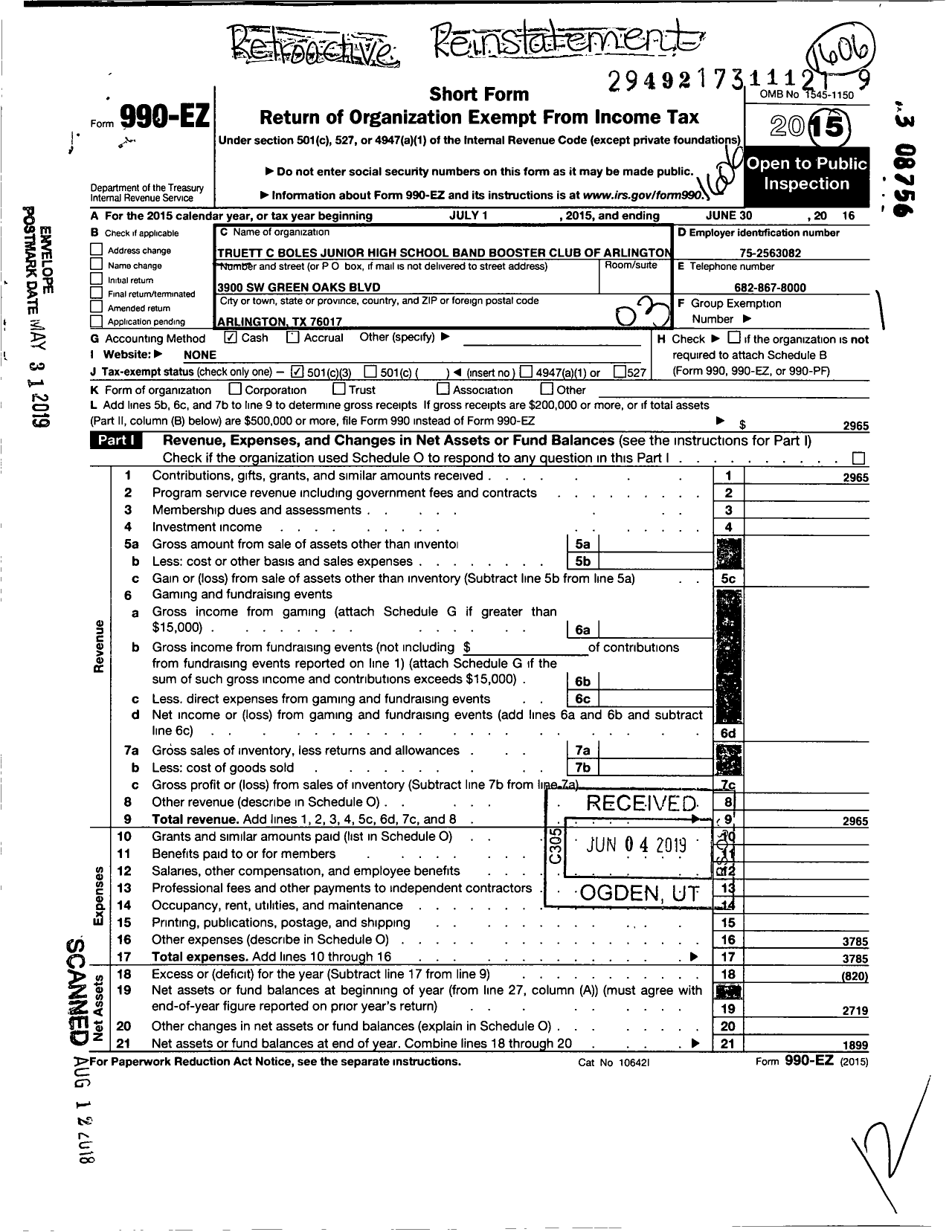 Image of first page of 2015 Form 990EZ for Truett C Boles Junior High School Band Booster Club of Arlington