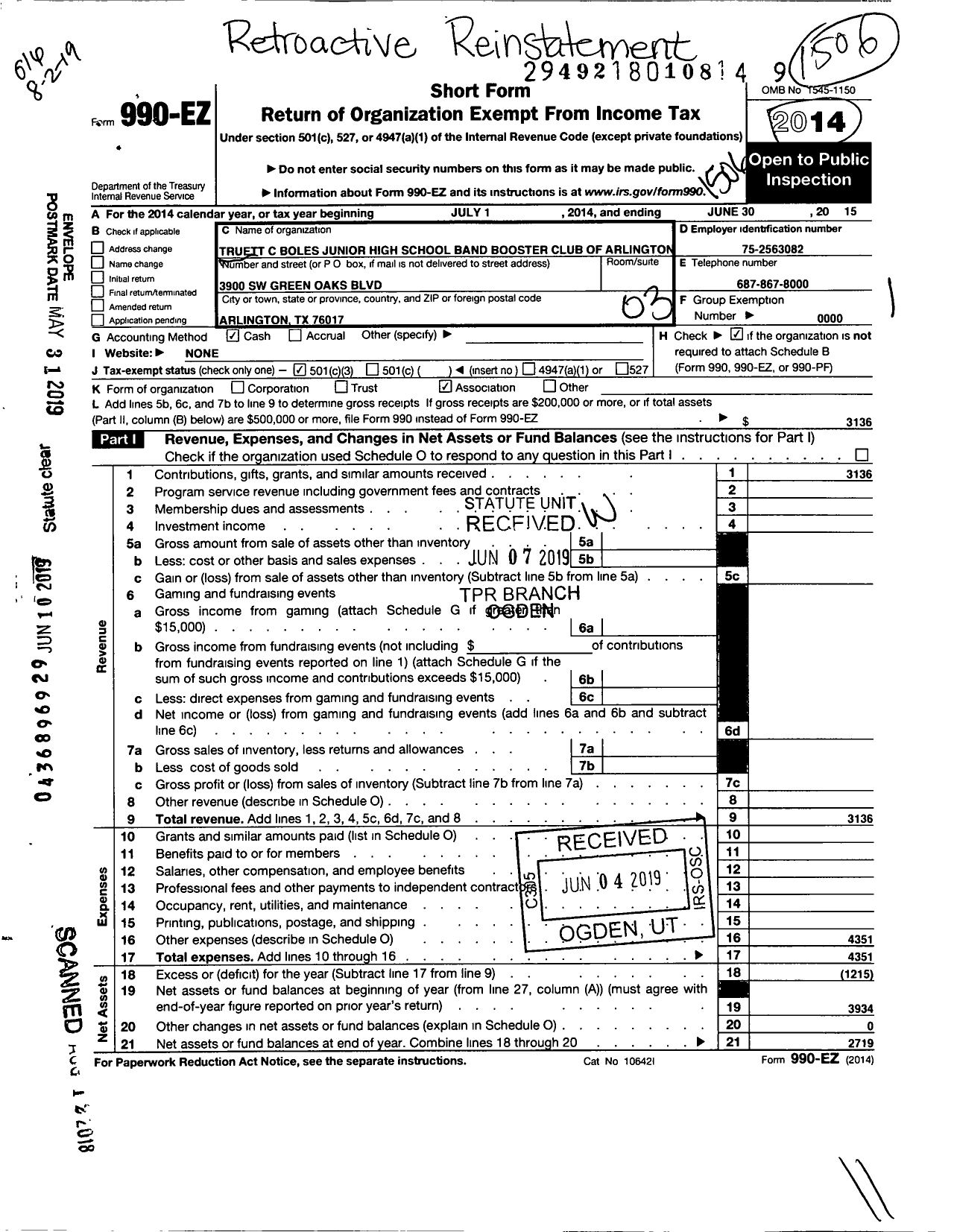 Image of first page of 2014 Form 990EZ for Truett C Boles Junior High School Band Booster Club of Arlington