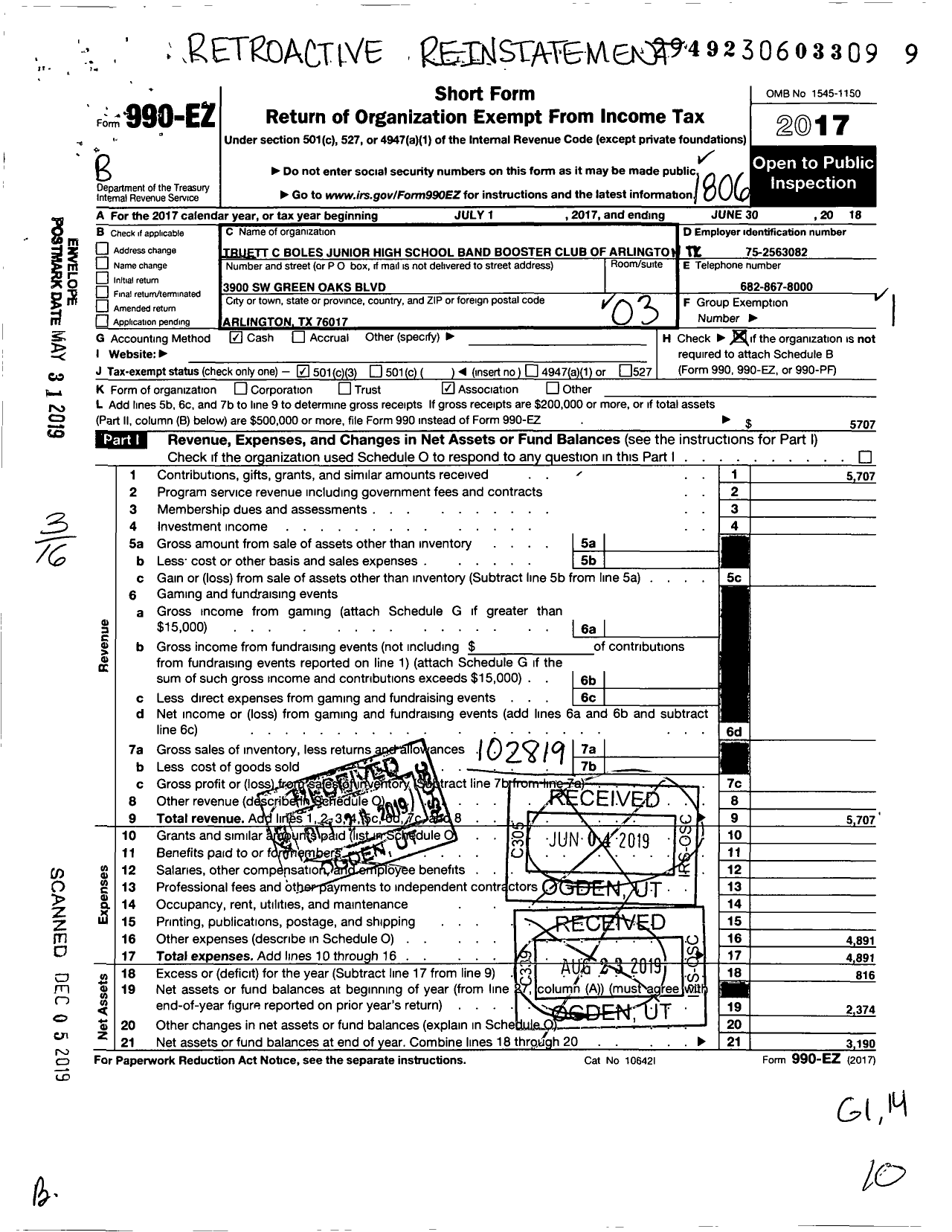 Image of first page of 2017 Form 990EZ for Truett C Boles Junior High School Band Booster Club of Arlington